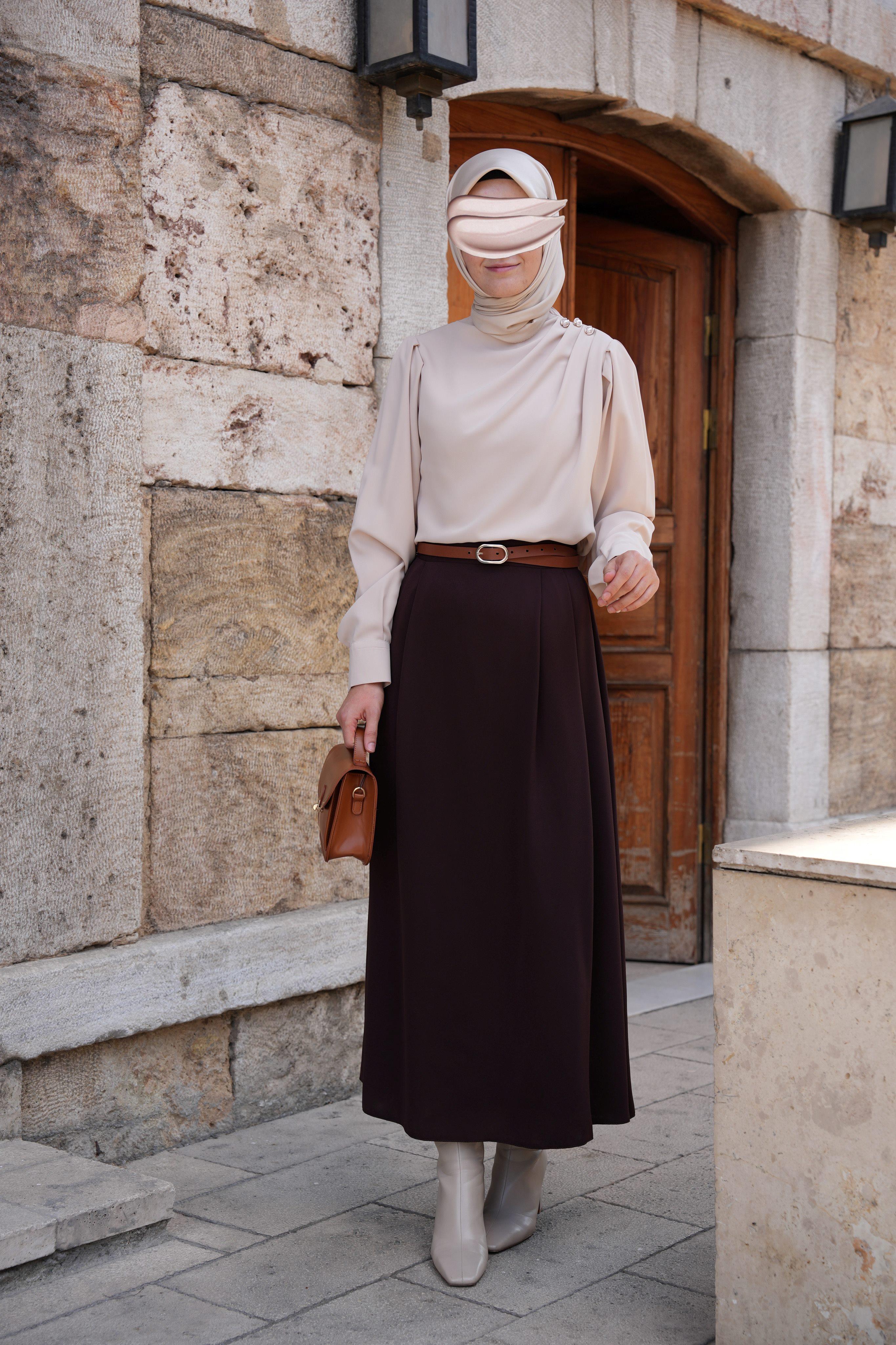 Çift Pileli A Kesim Etek Kahverengi