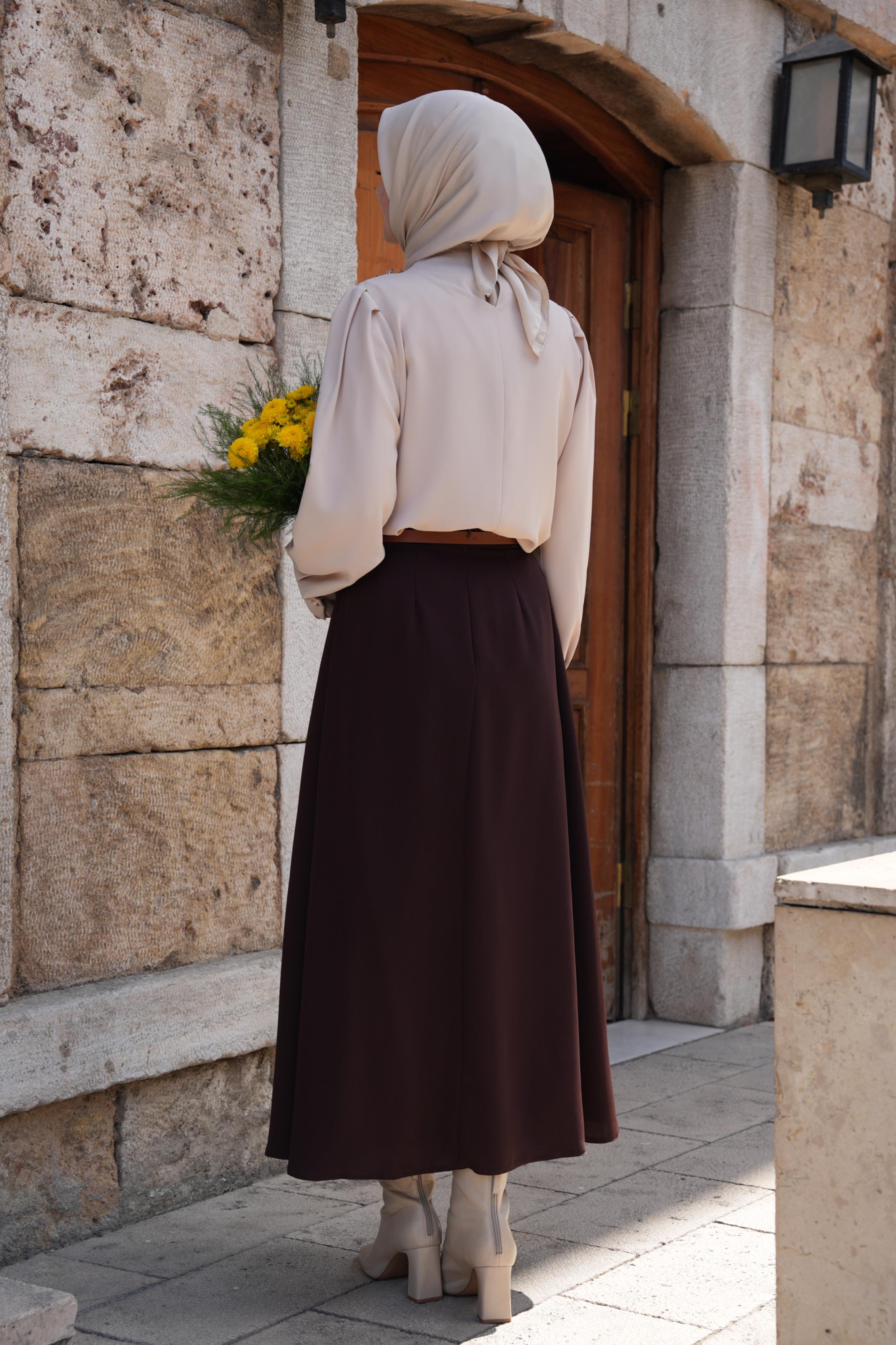 Çift Pileli A Kesim Etek Kahverengi