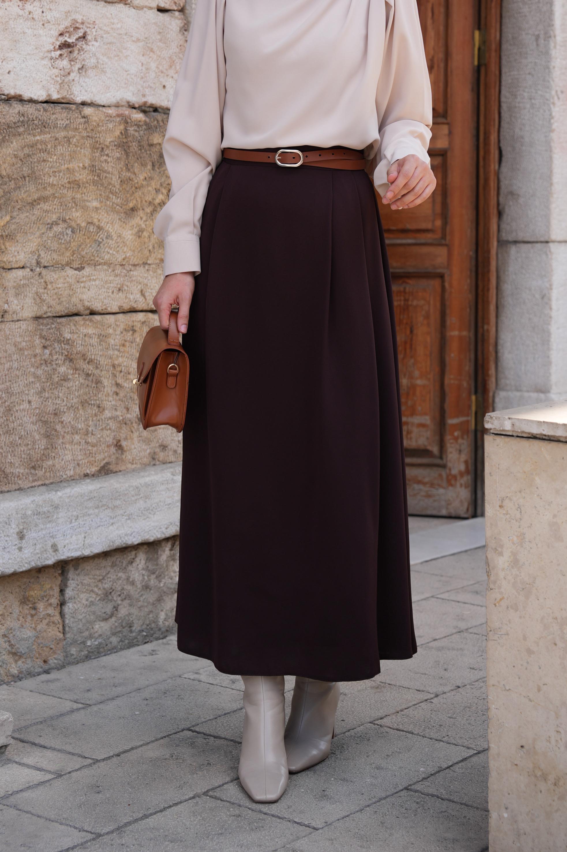 Çift Pileli A Kesim Etek Kahverengi