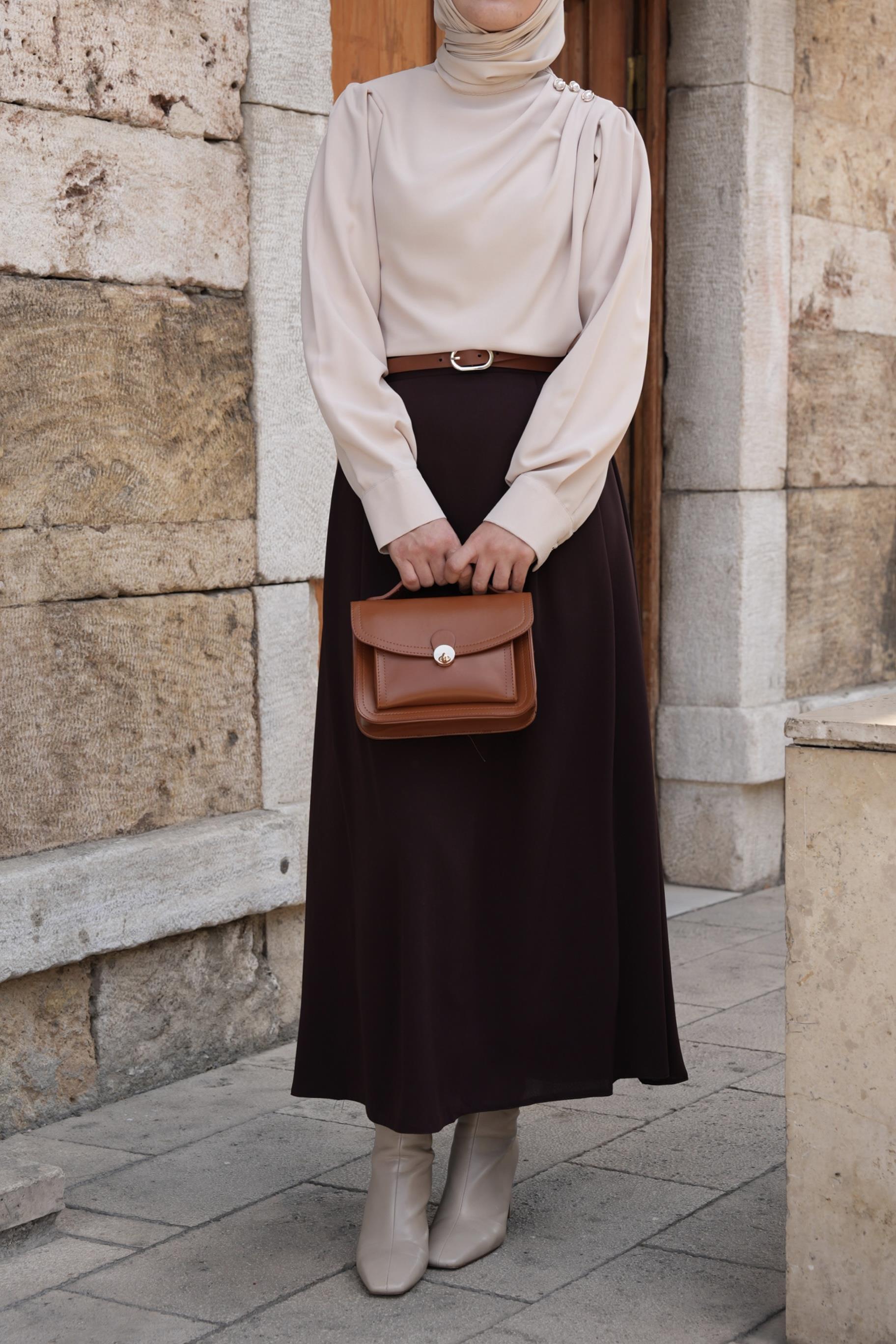 Çift Pileli A Kesim Etek Kahverengi