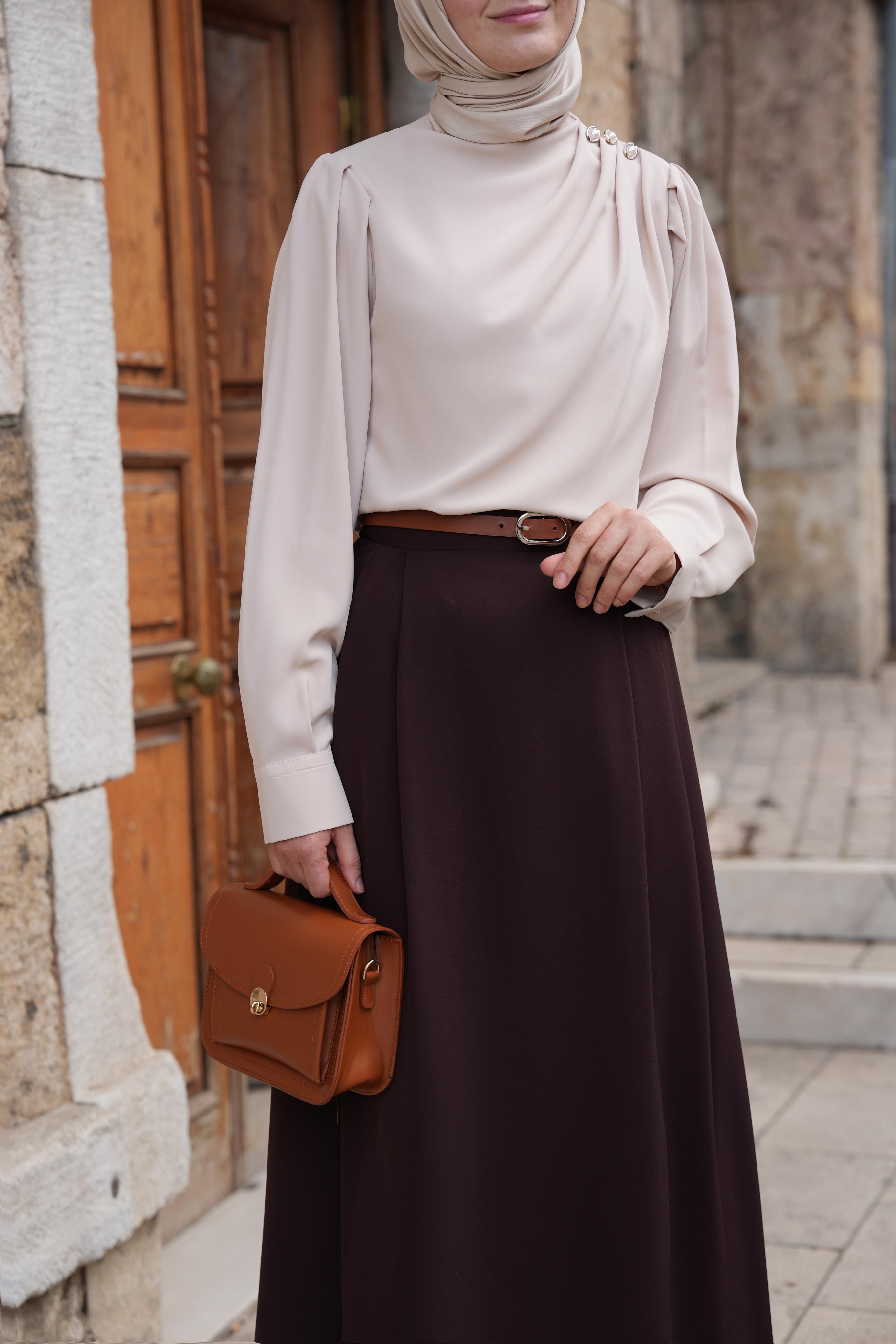 Çift Pileli A Kesim Etek Kahverengi