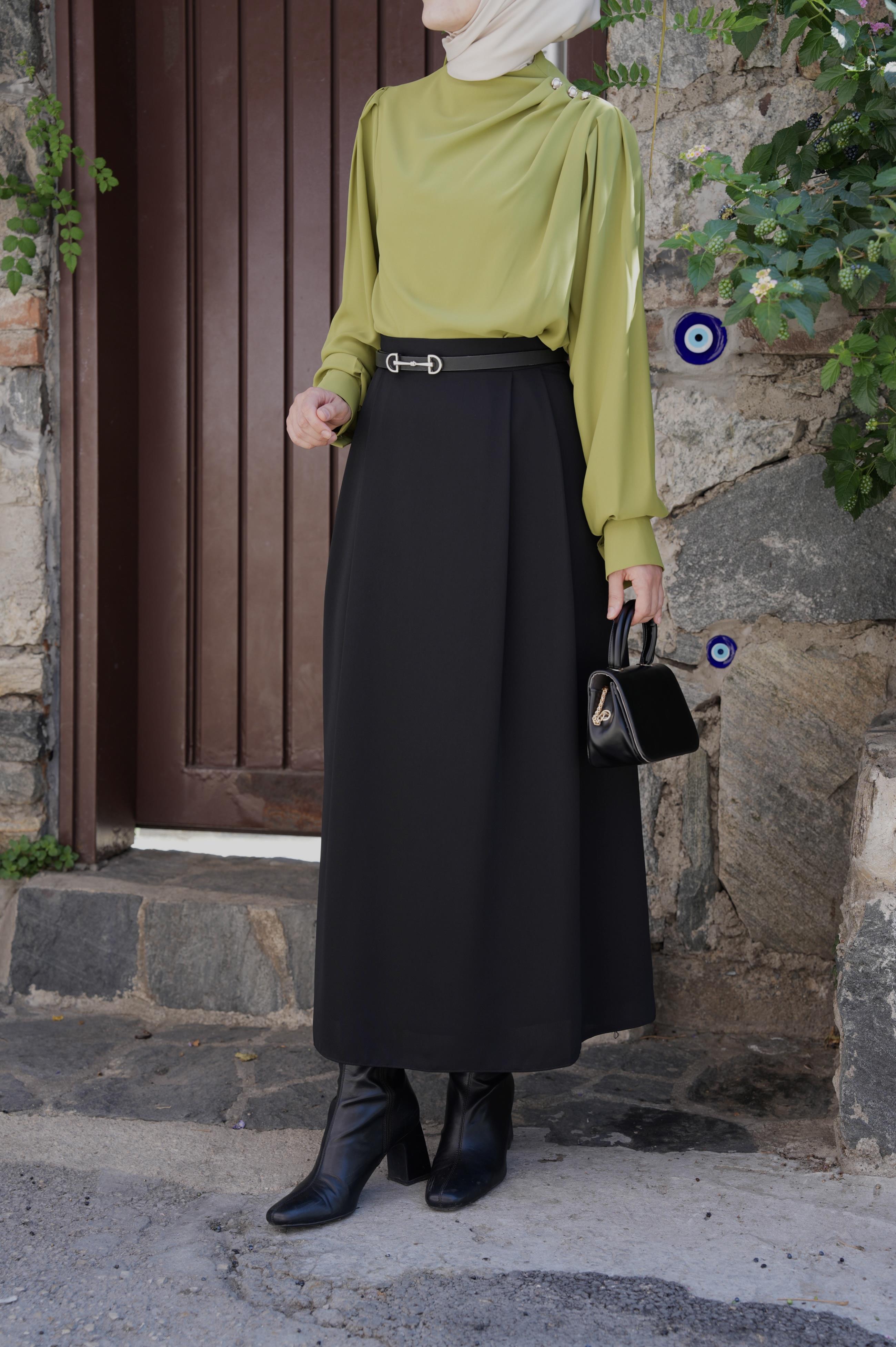 Çift Pileli A Kesim Etek Siyah