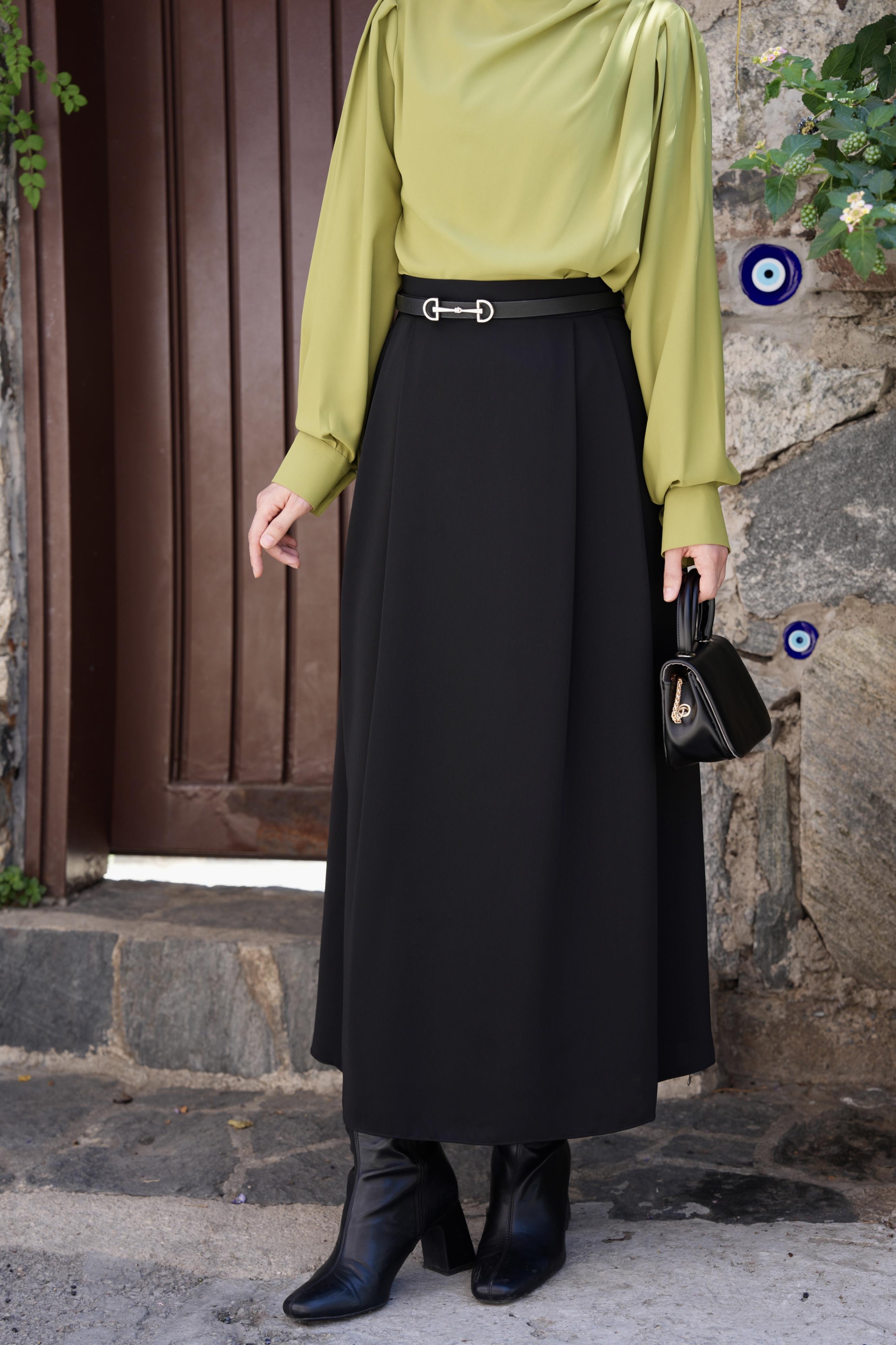 Çift Pileli A Kesim Etek Siyah