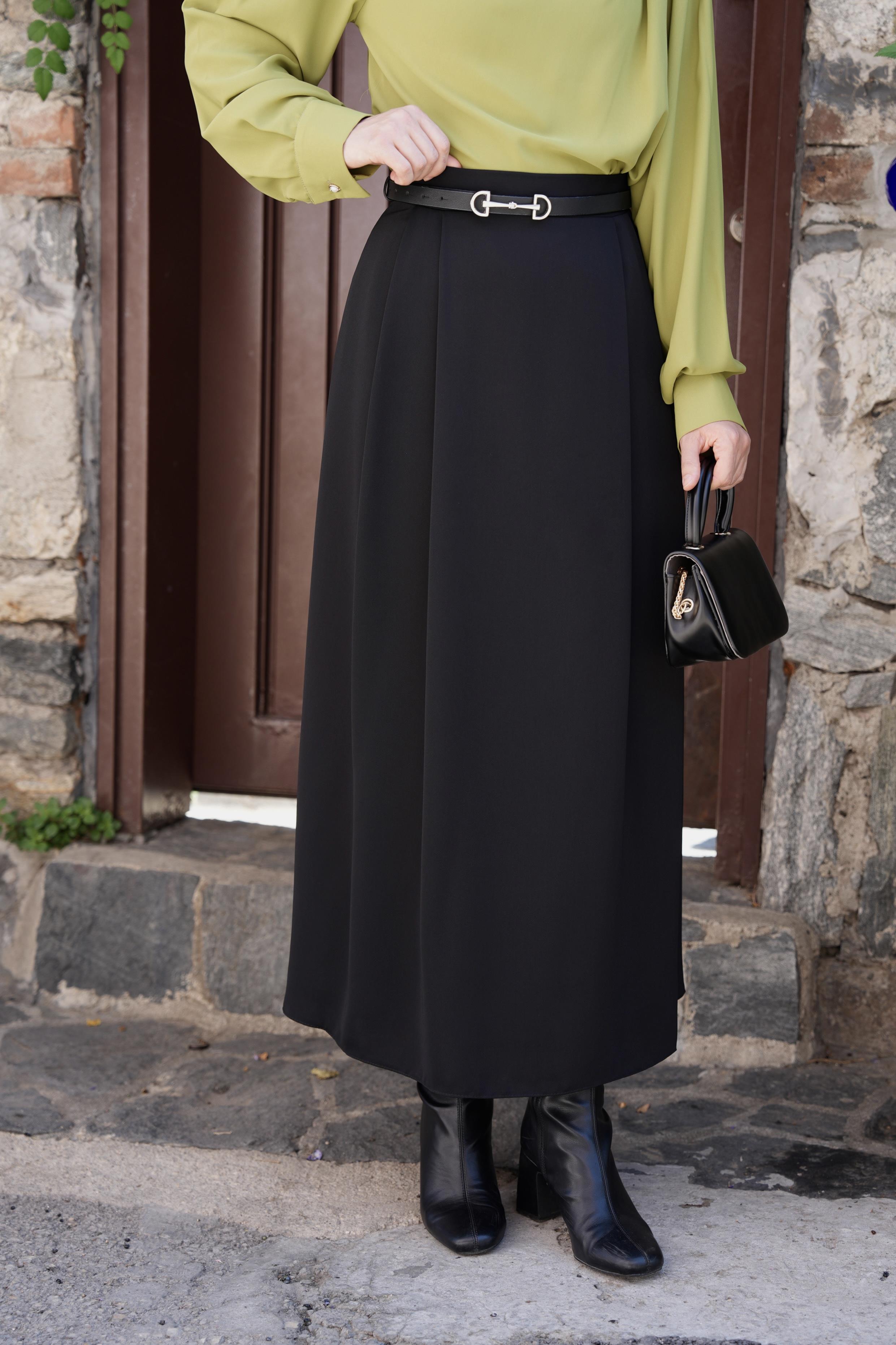 Çift Pileli A Kesim Etek Siyah