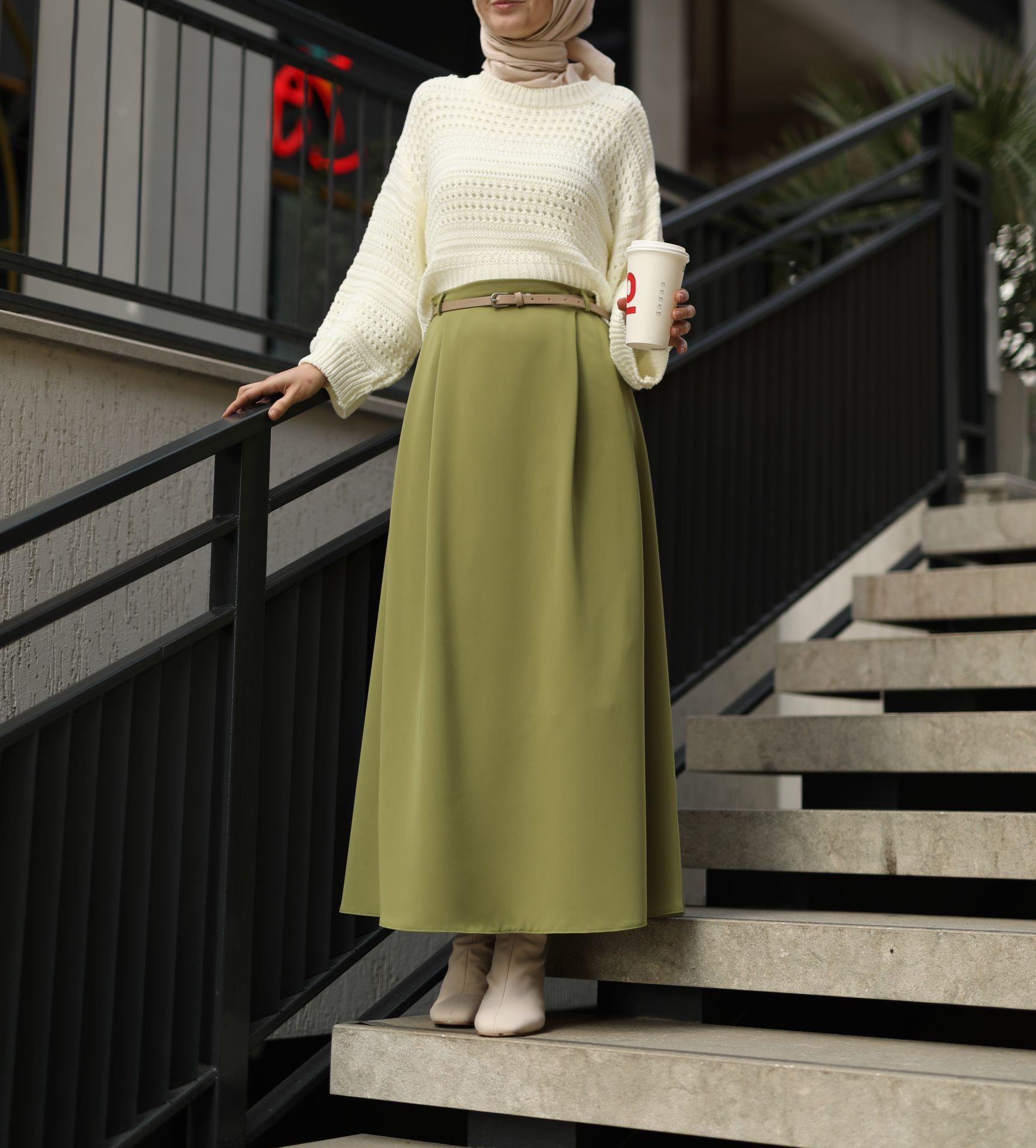 Çift Pileli A Kesim Etek Yağ Yeşili