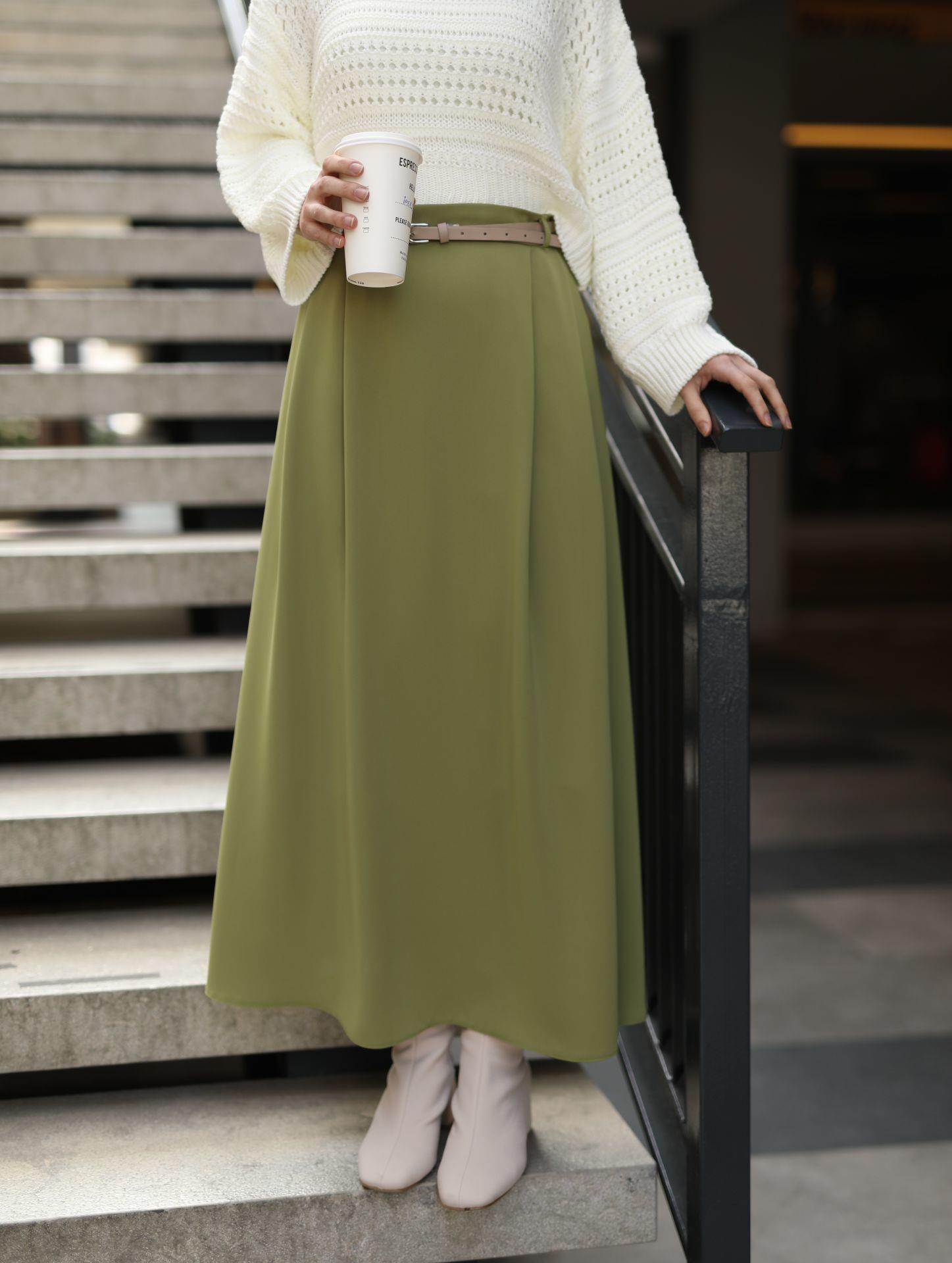 Çift Pileli A Kesim Etek Yağ Yeşili