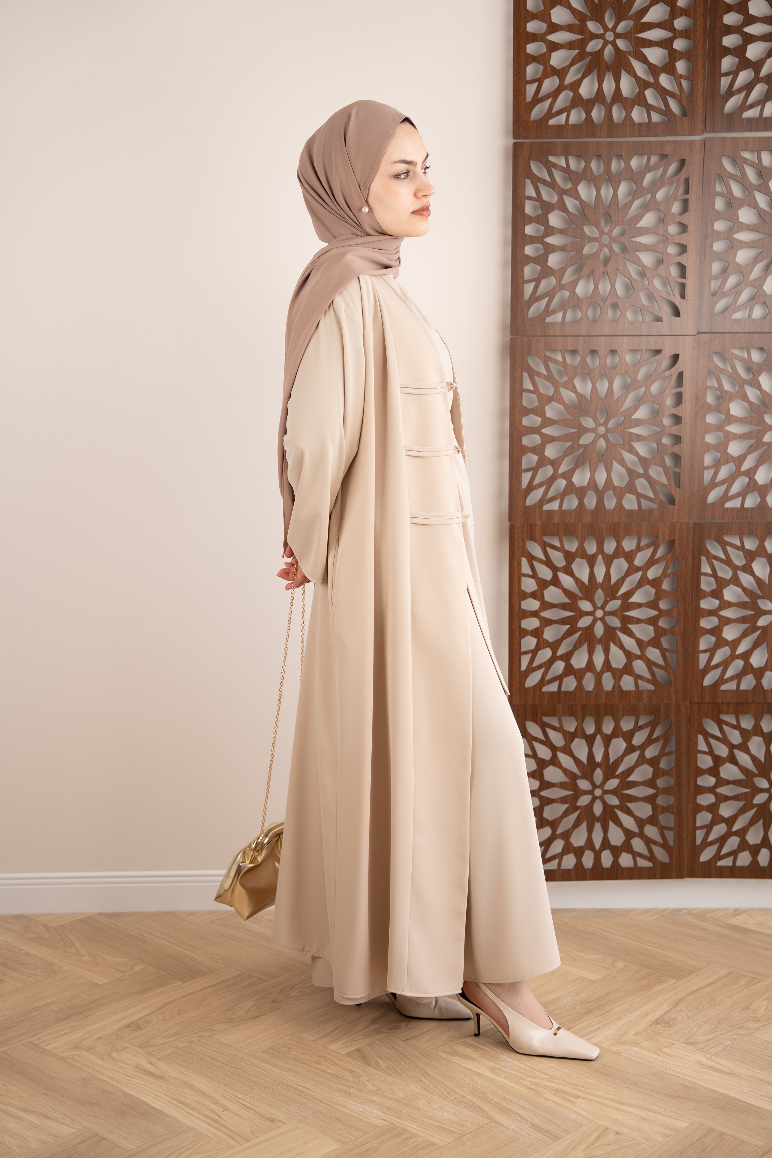 Şerit Düğmeli Abaya KREM