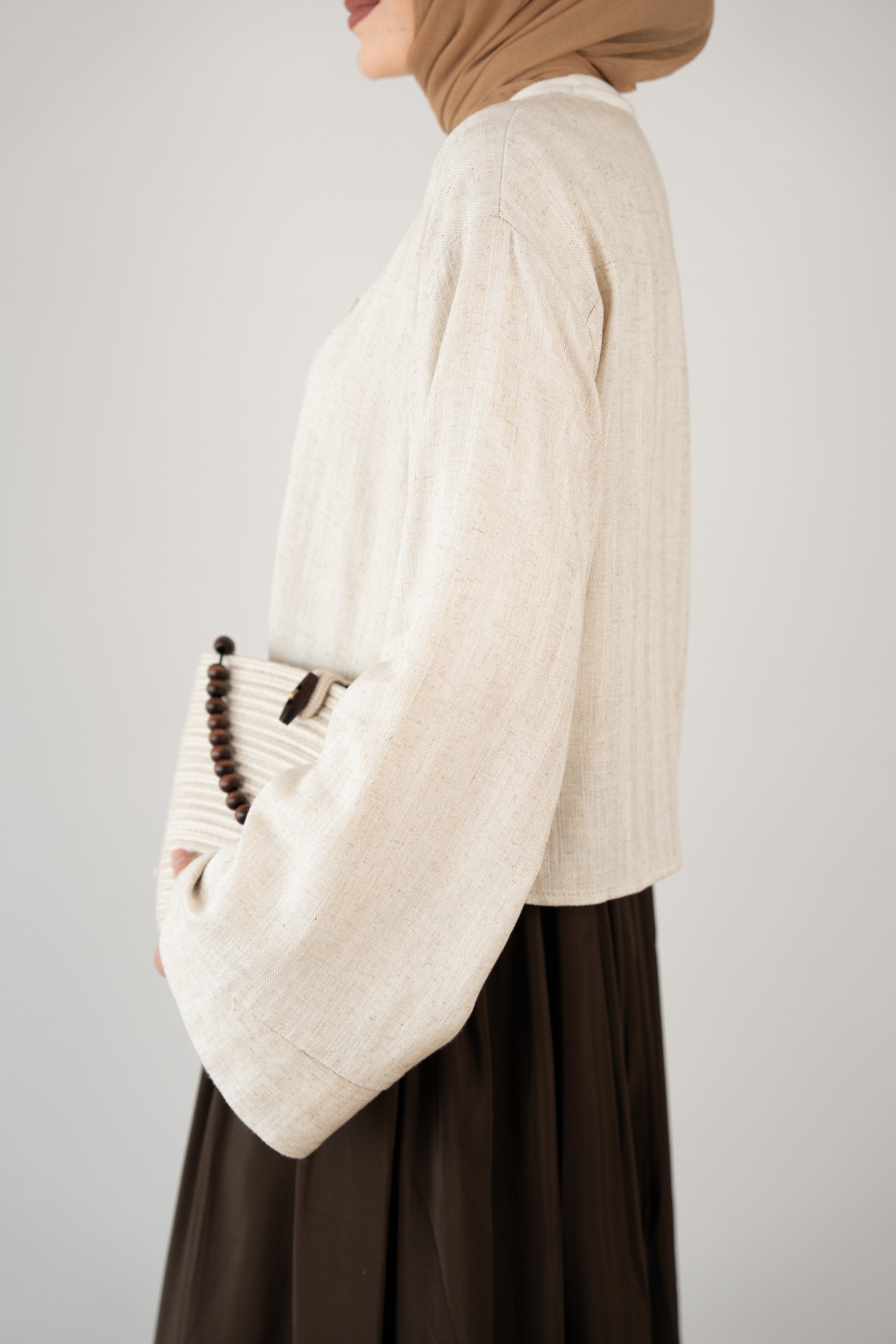 Keten Britli Kısa Kimono KREM