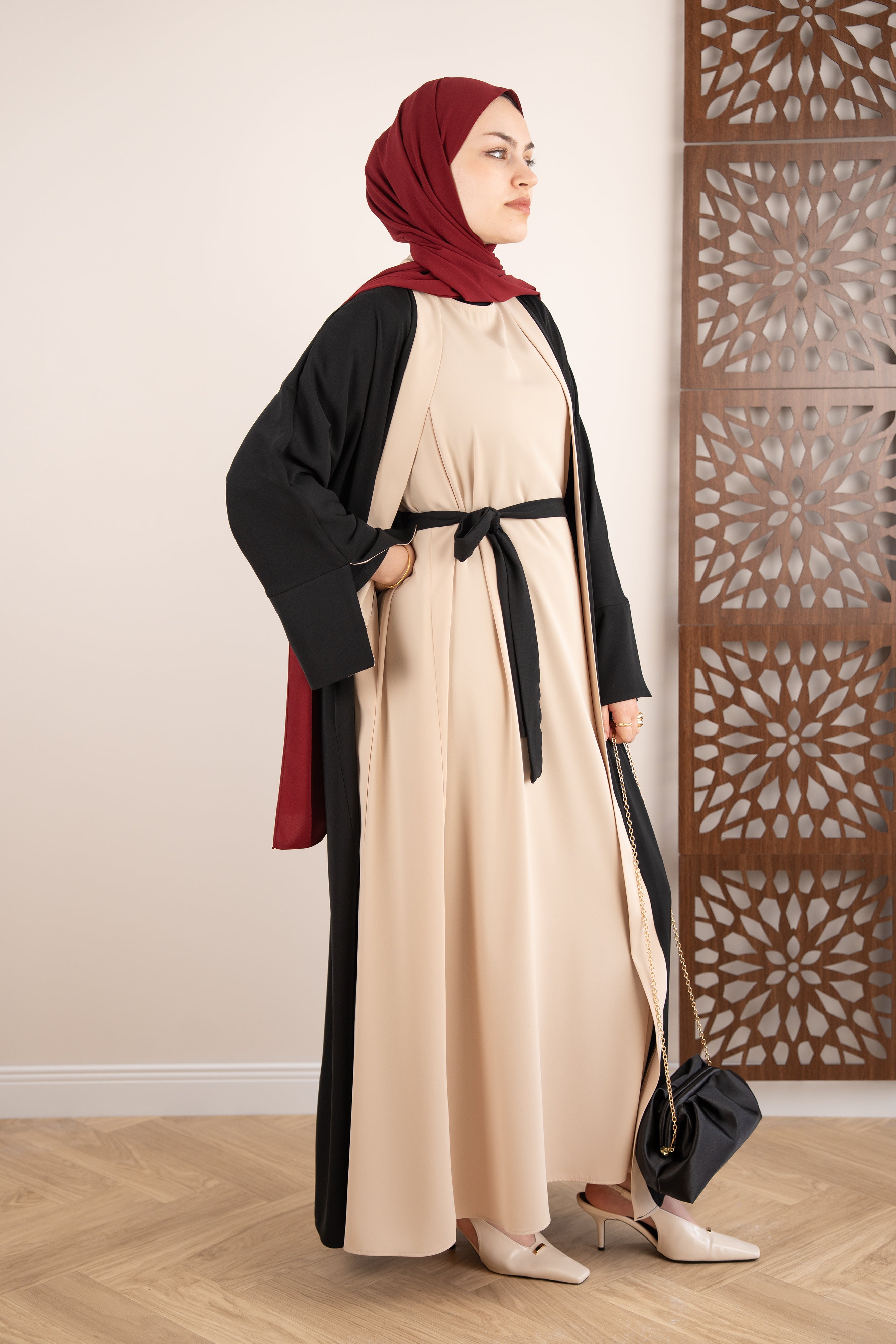 Garnili Abaya Takım Siyah-Bej