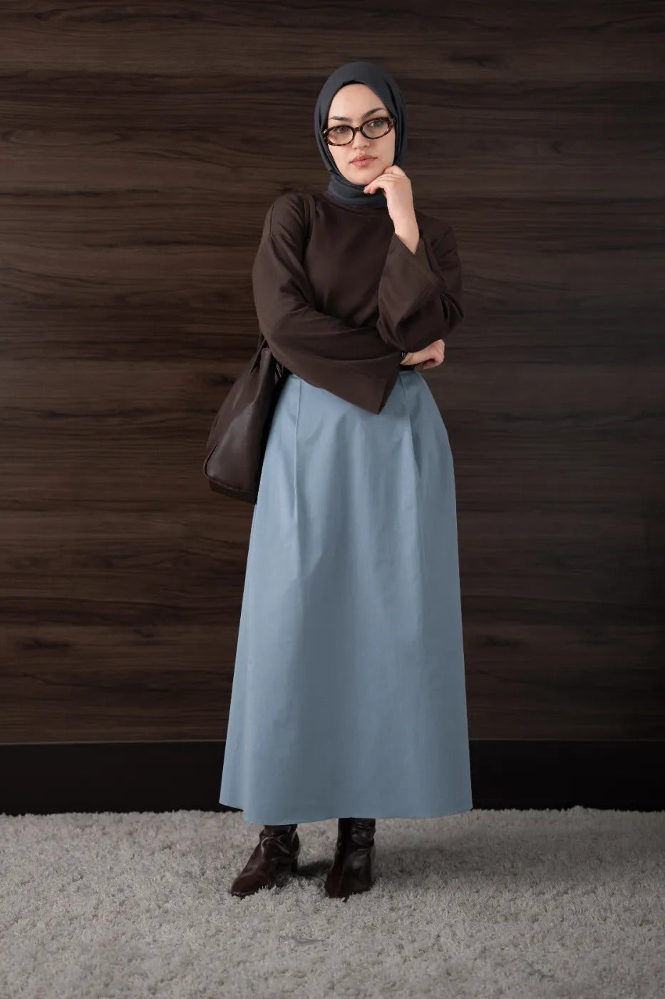 Çift Pileli Gabardin Etek Mavi