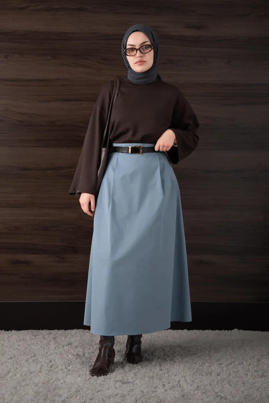 Çift Pileli Gabardin Etek Mavi