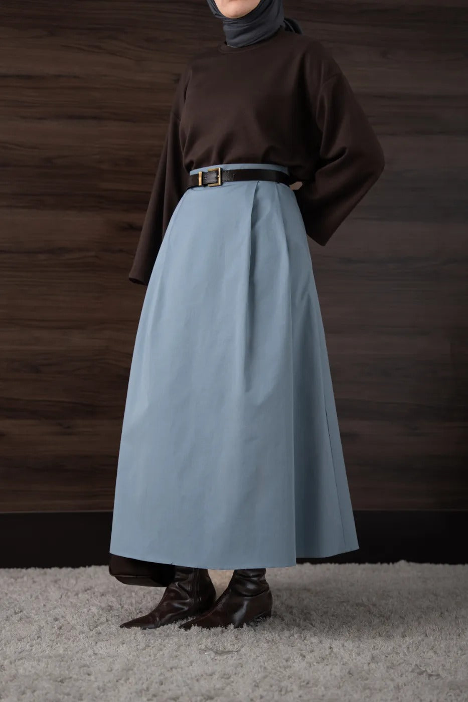 Çift Pileli Gabardin Etek Mavi