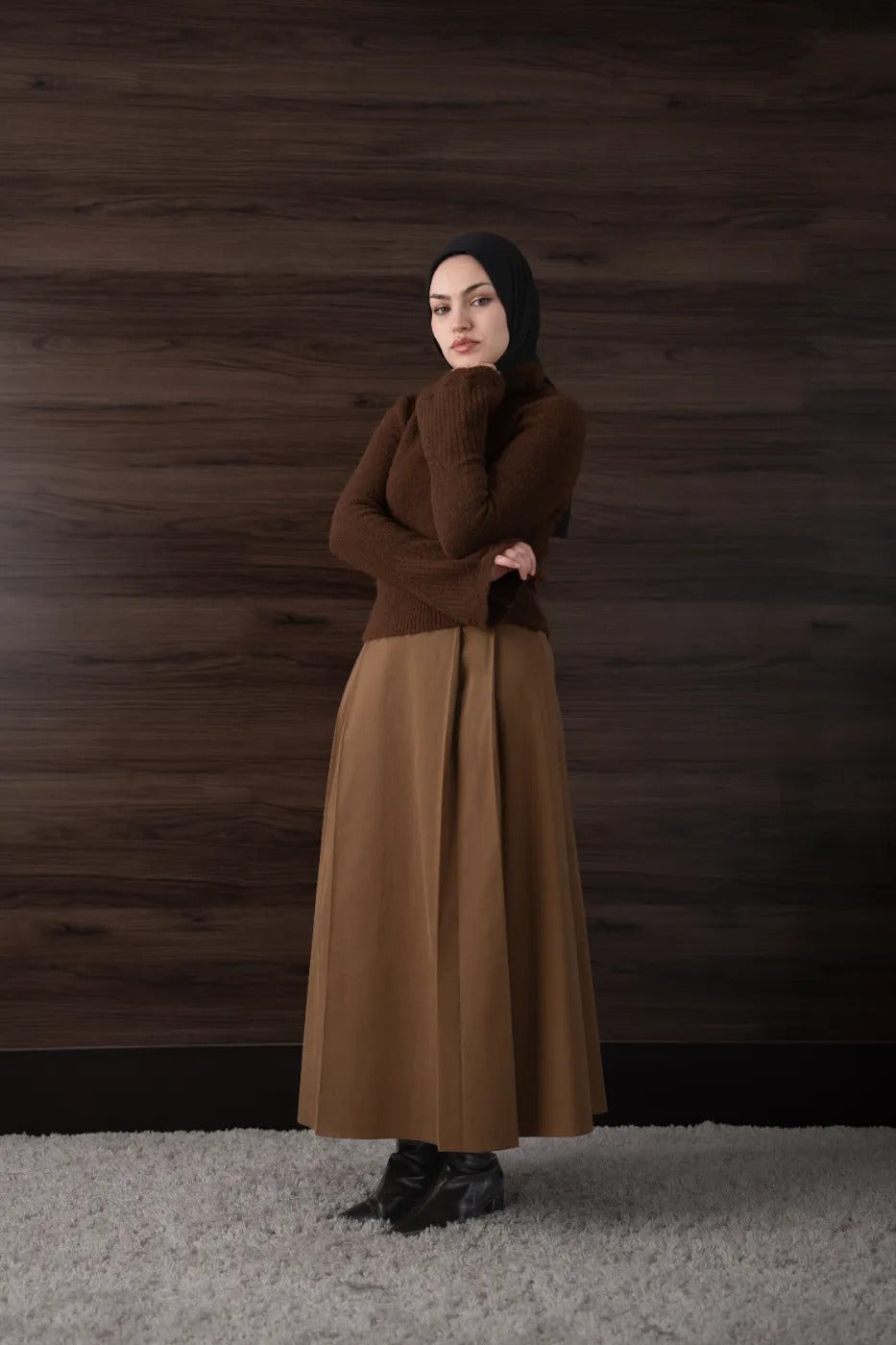 Çift Pileli Gabardin Etek Karamel