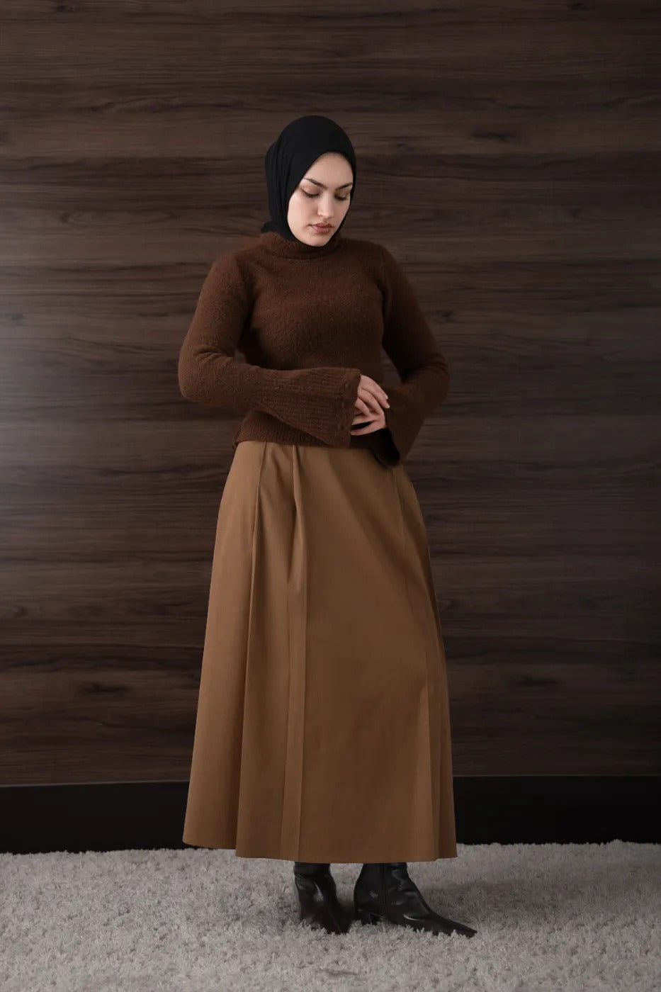 Çift Pileli Gabardin Etek Karamel