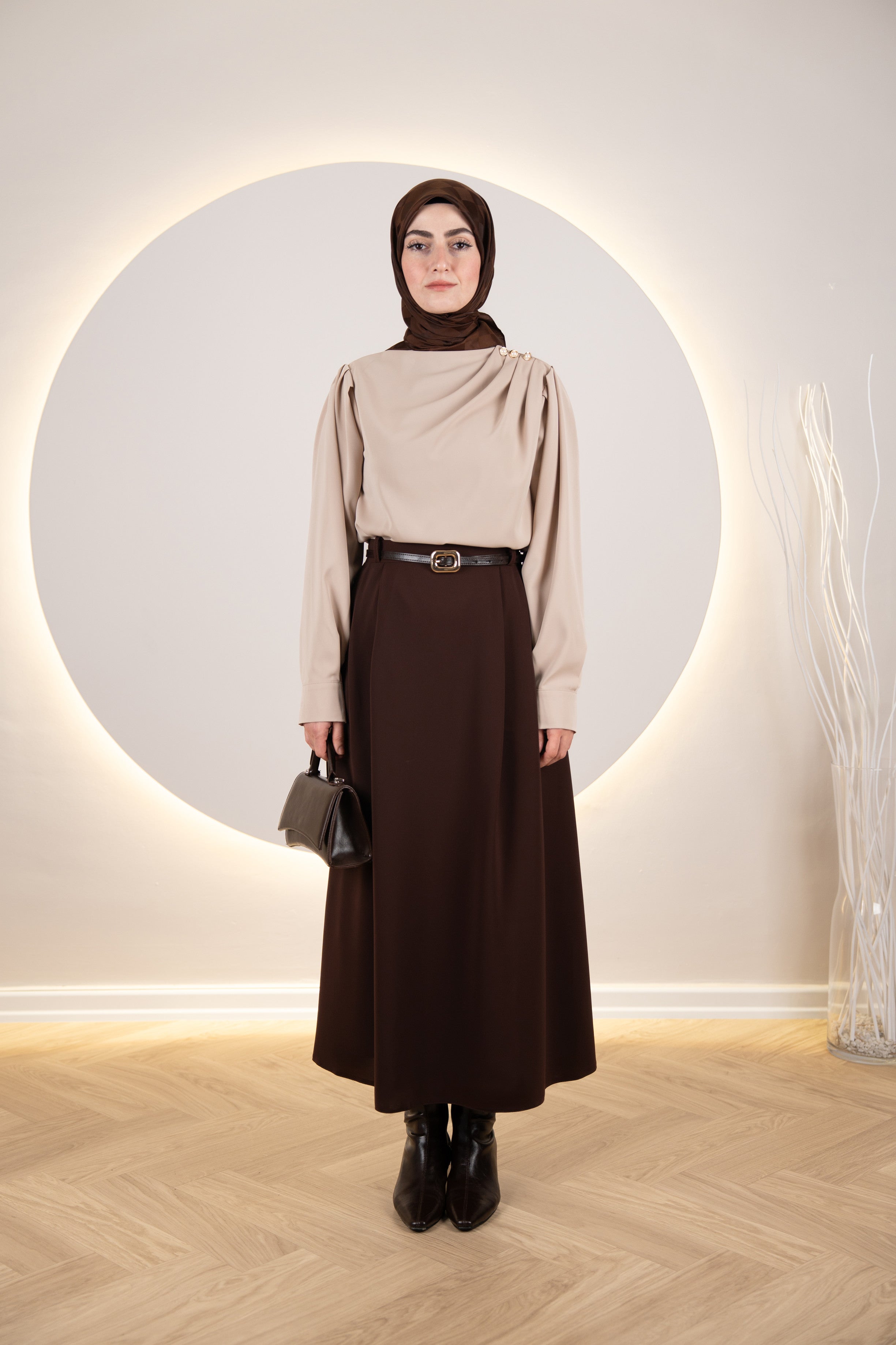 Çift Pileli A Kesim Etek KAHVERENGİ