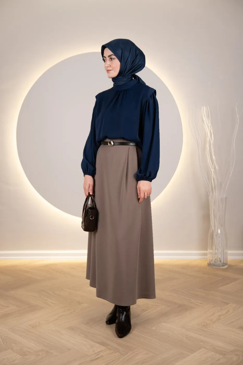 Çift Pileli A Kesim Etek VİZON