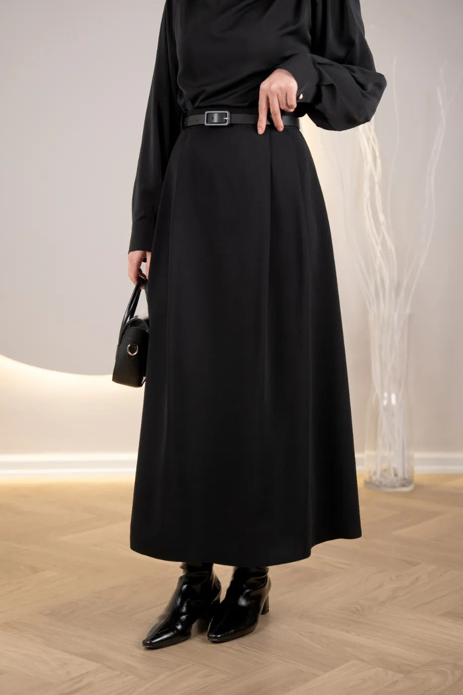 Çift Pileli A Kesim Etek SİYAH