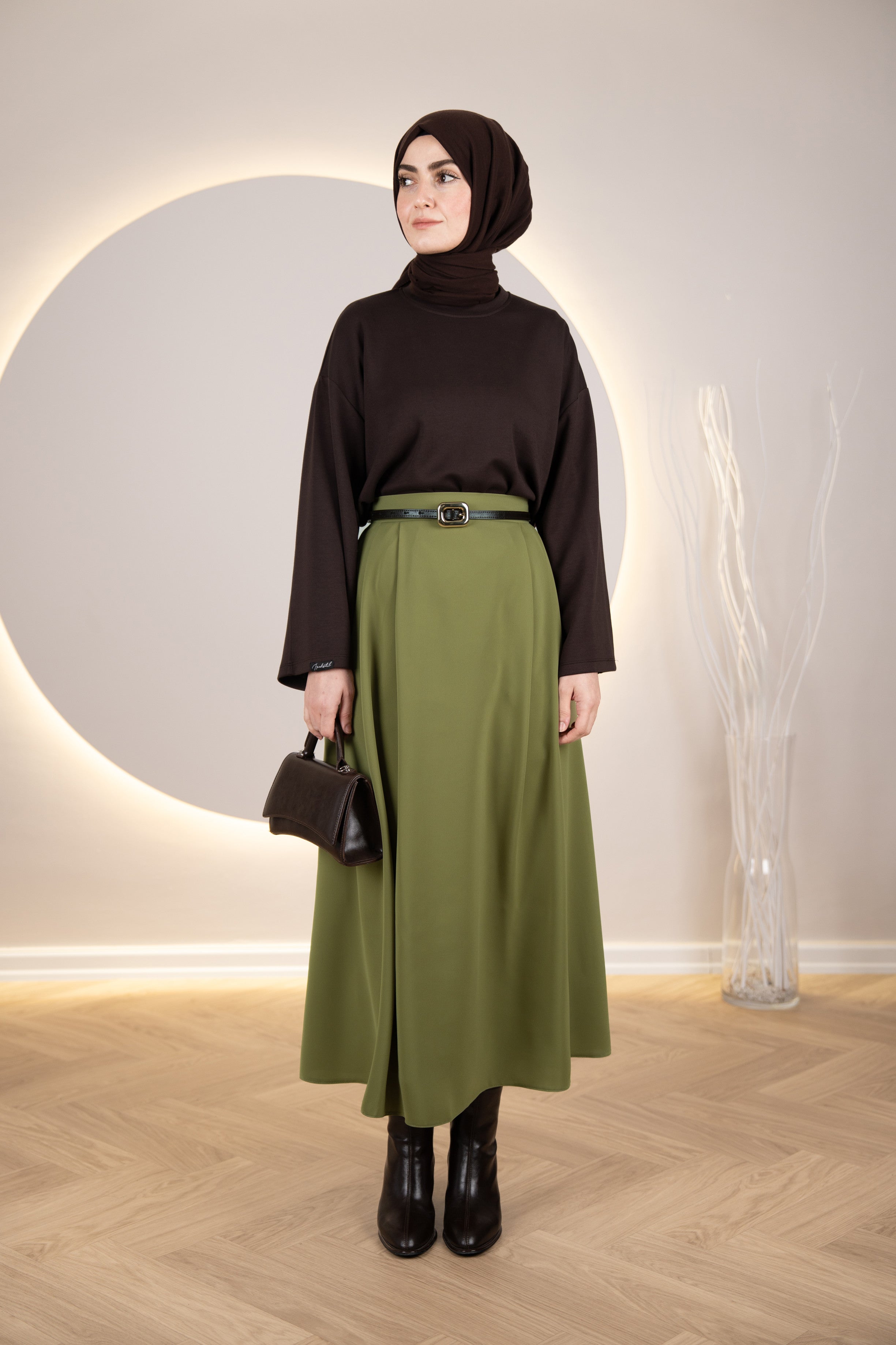 Çift Pileli A Kesim Etek YAĞ YEŞİLİ