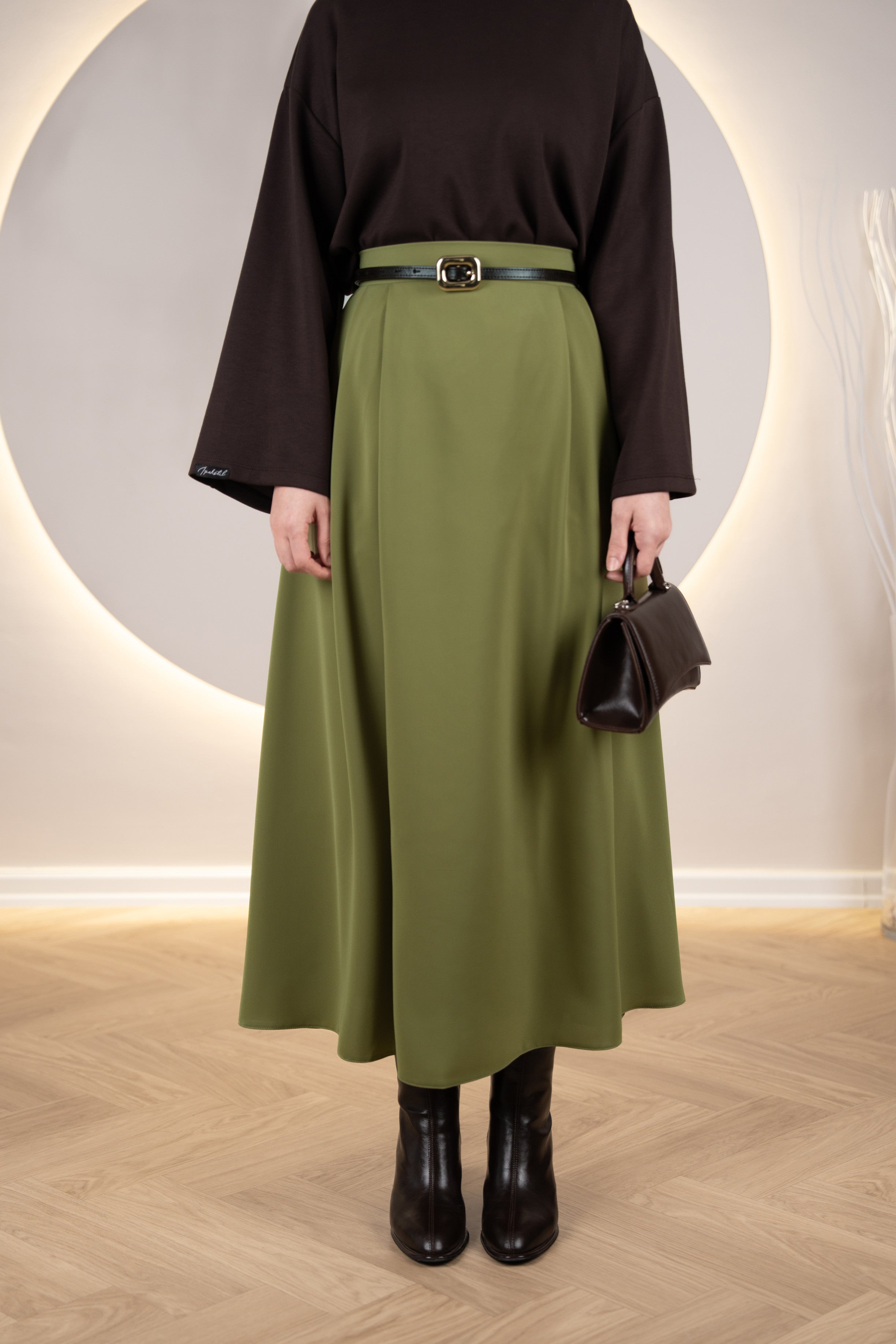 Çift Pileli A Kesim Etek YAĞ YEŞİLİ