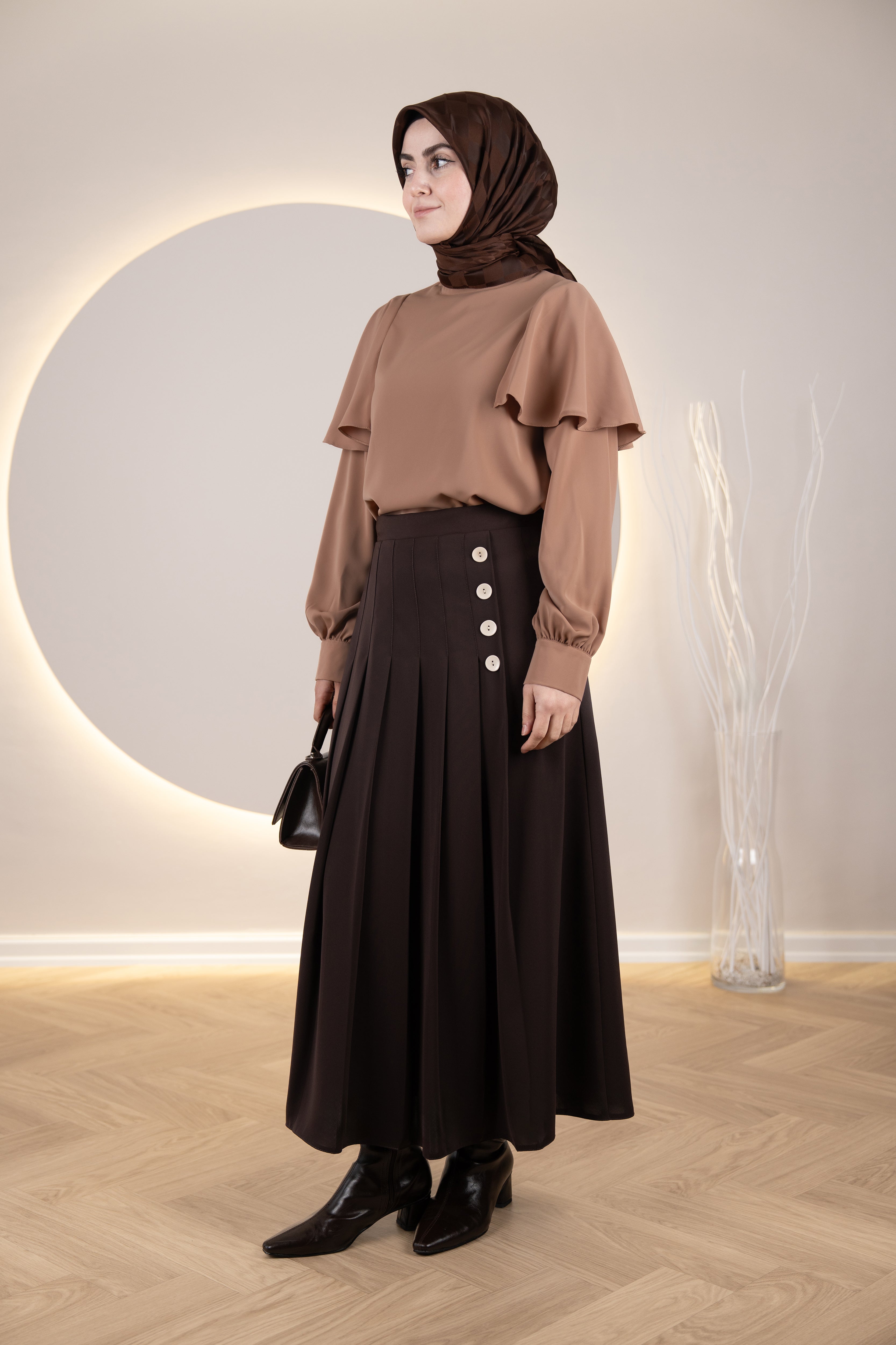 Pileli Yan Düğmeli Etek KAHVERENGİ