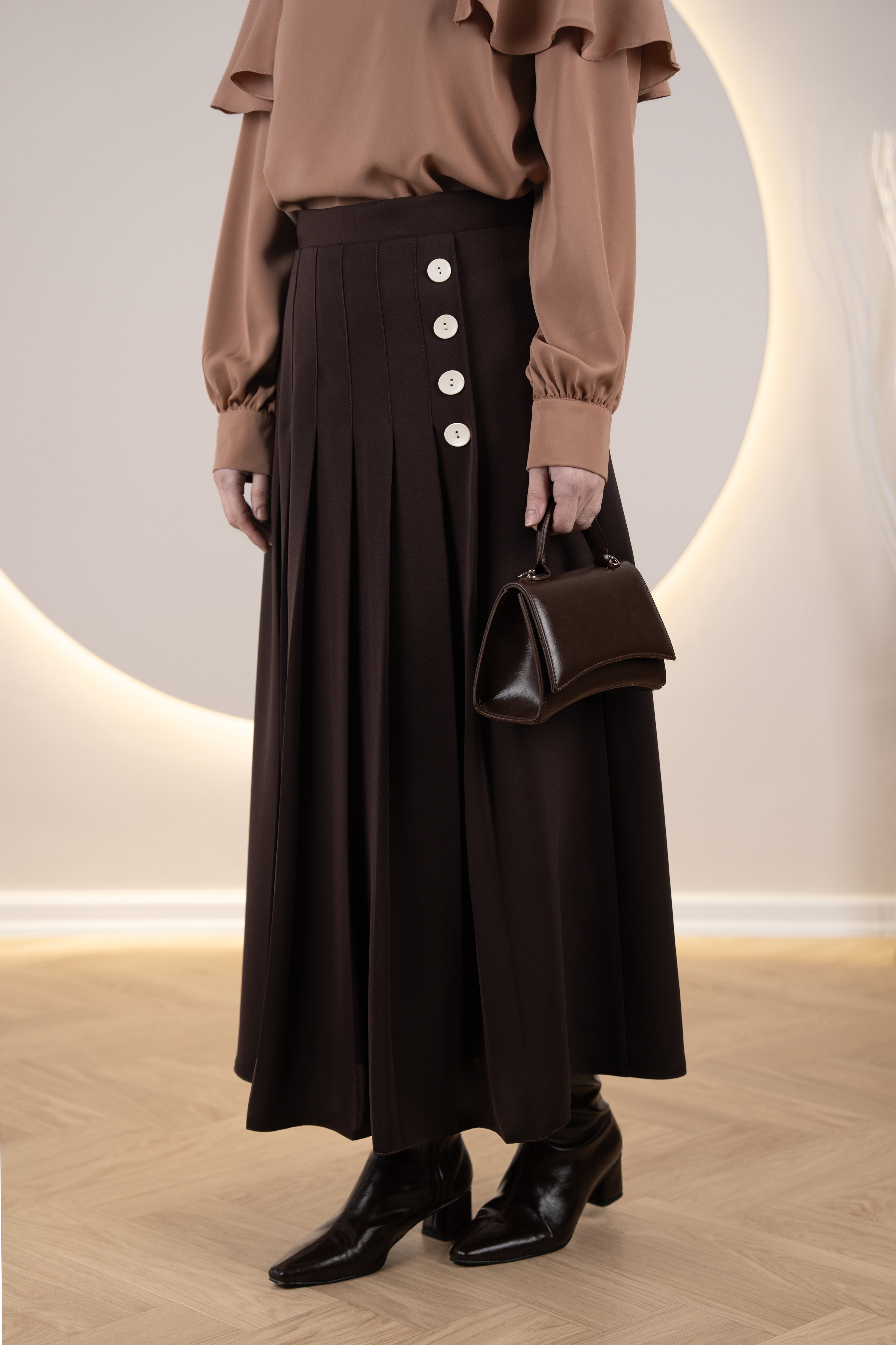 Pileli Yan Düğmeli Etek KAHVERENGİ