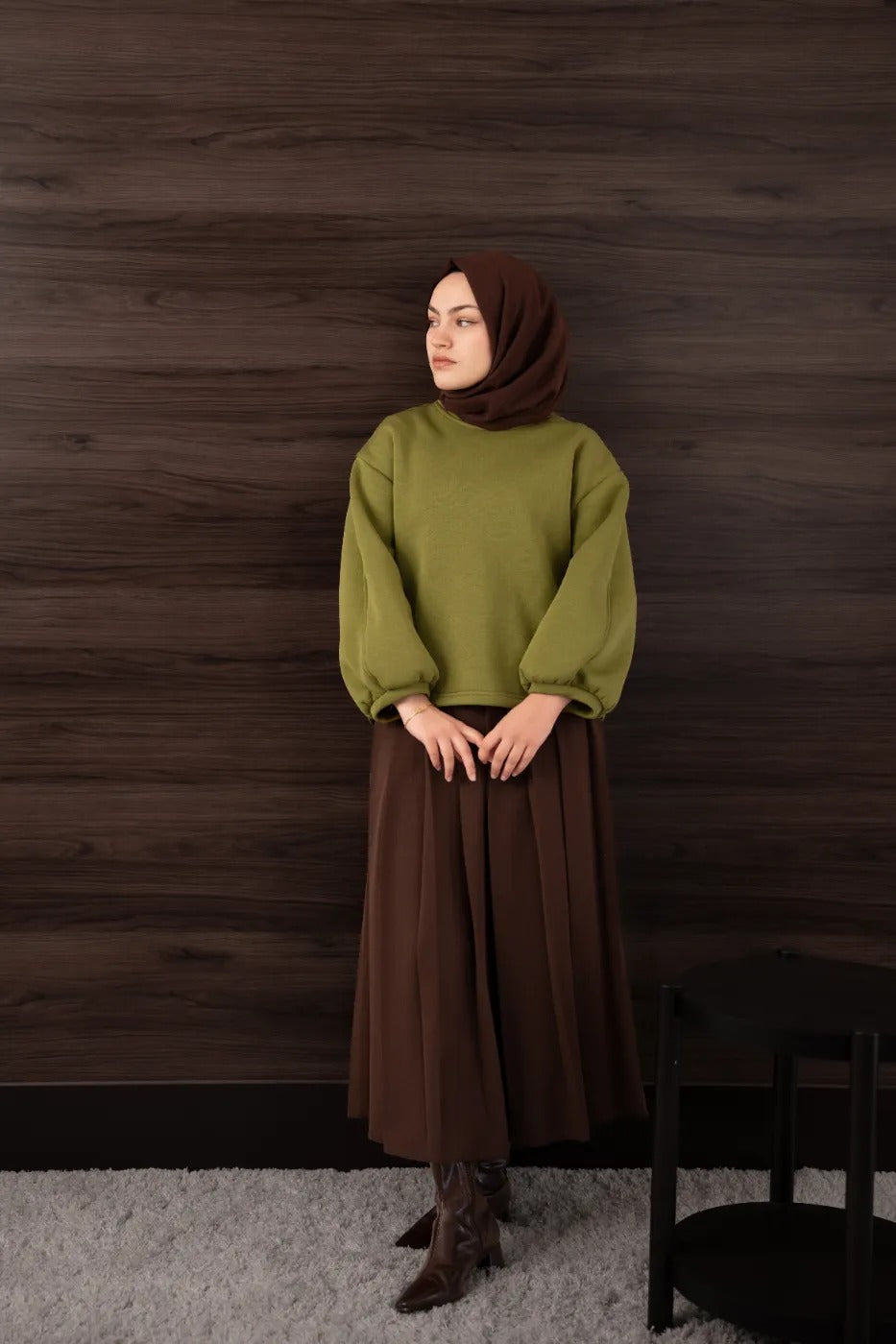 Bomber Kollu Basıc Sweatshirt YAĞ YEŞİLİ