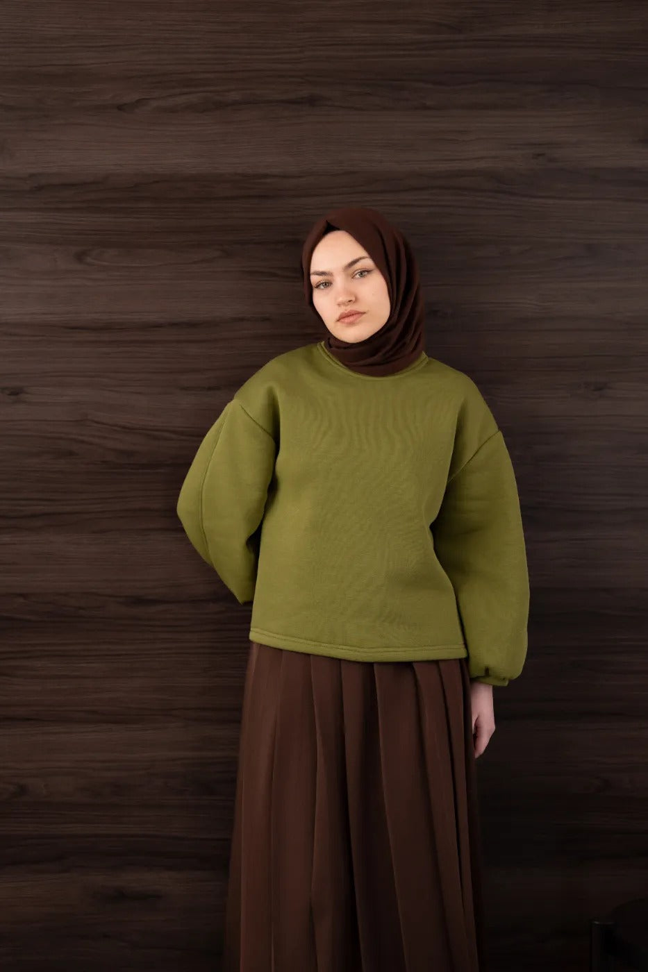 Bomber Kollu Basıc Sweatshirt YAĞ YEŞİLİ