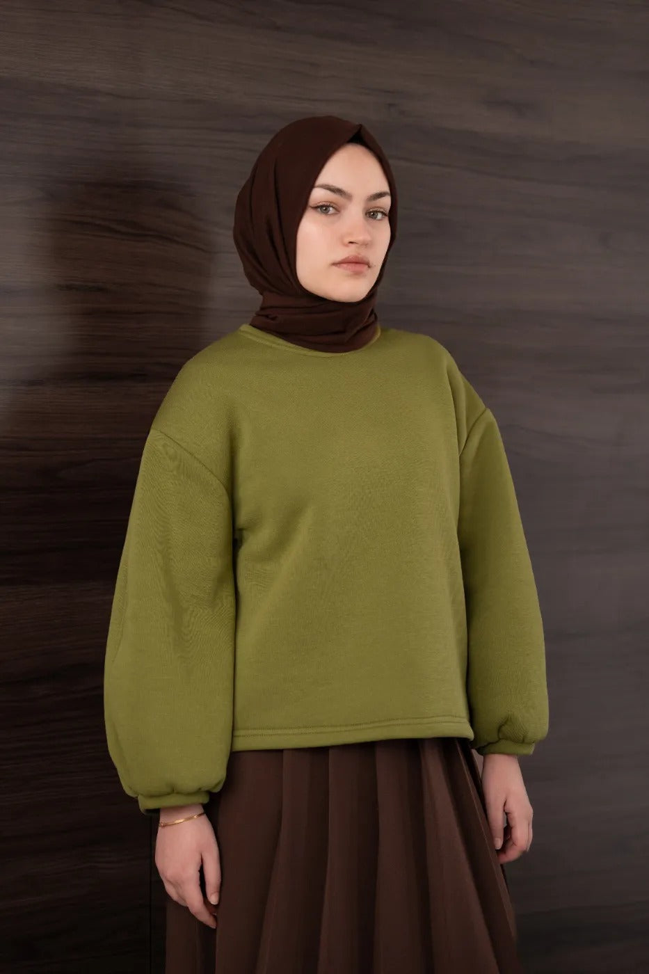 Bomber Kollu Basıc Sweatshirt YAĞ YEŞİLİ