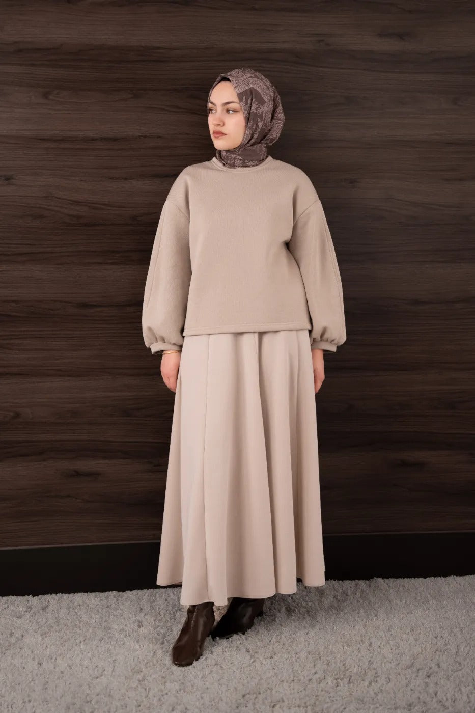 Bomber Kollu Basıc Sweatshirt Bej