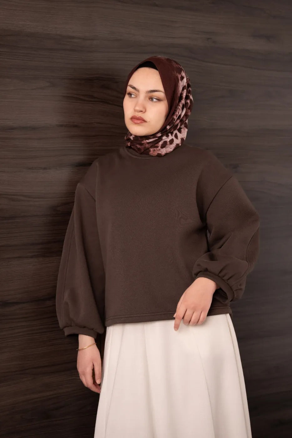 Bomber Kollu Basıc Sweatshirt Kahverengi