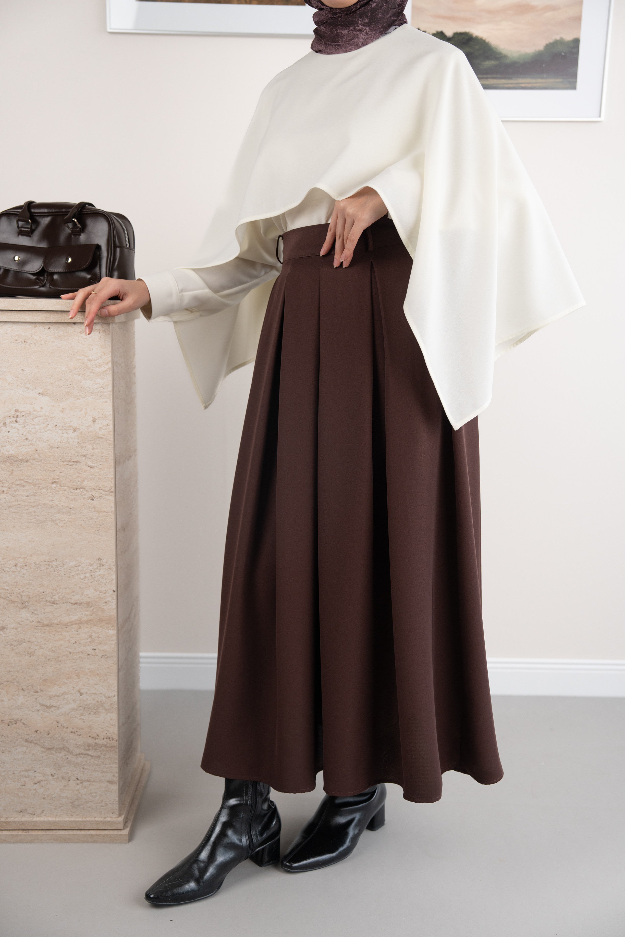 Geniş Pileli Etek KAHVERENGİ