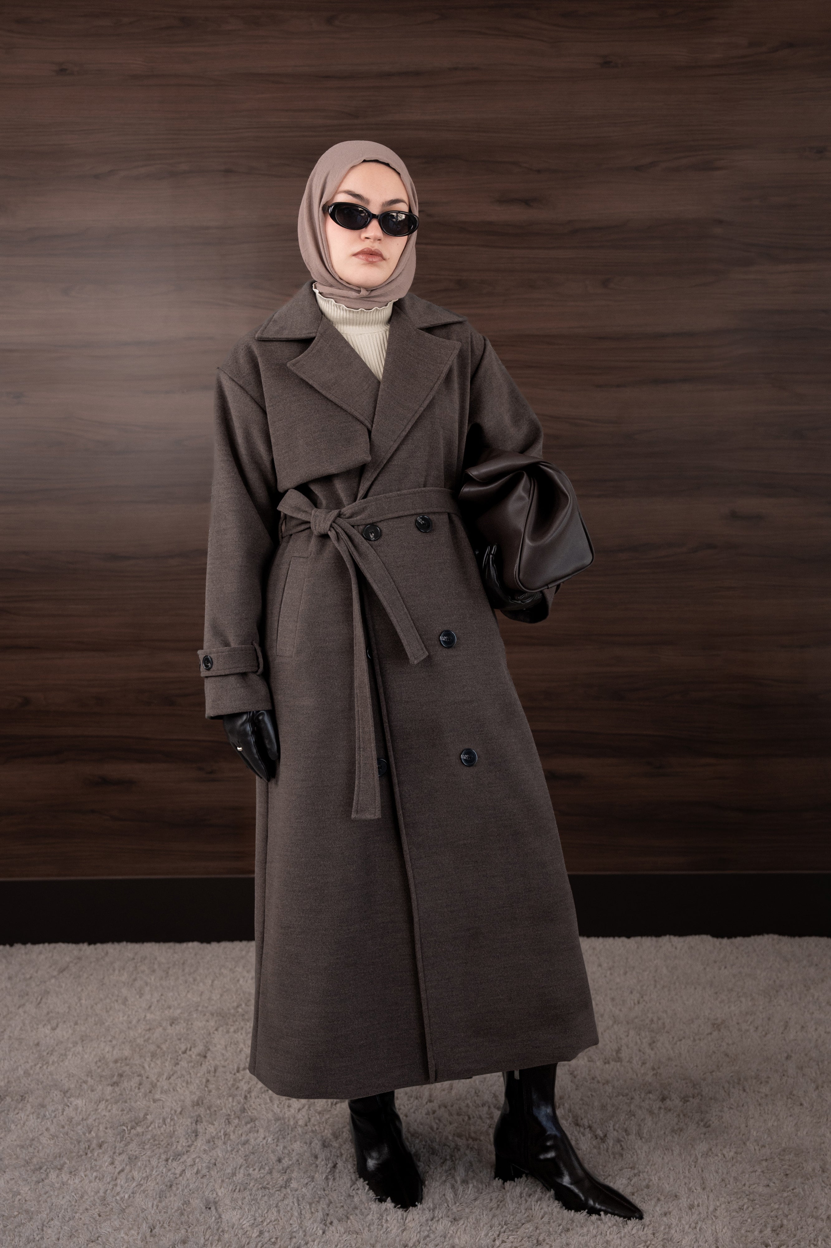 Premium Kaşe Trenç Kaban KAHVERENGİ