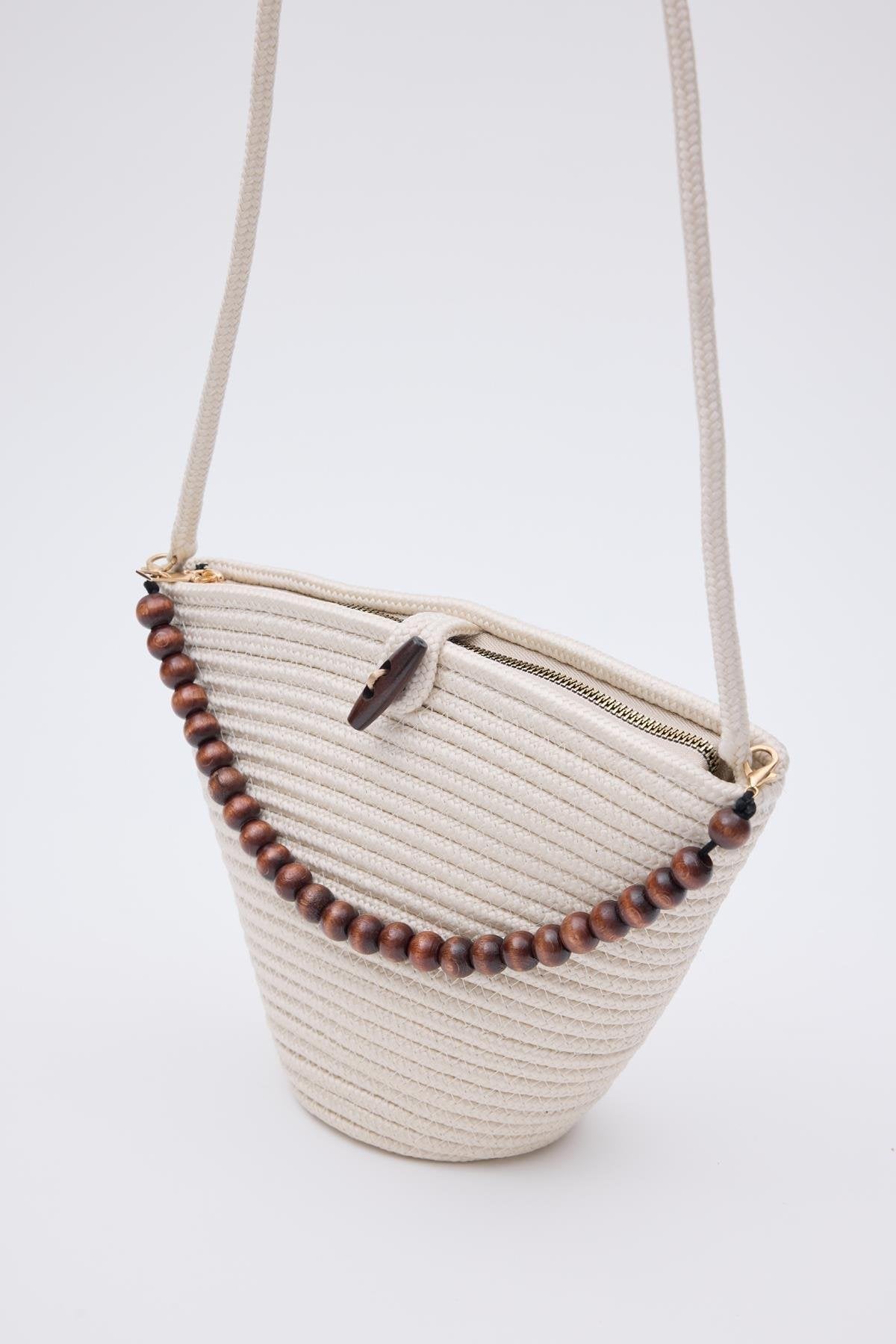 Düğmeli Hasır Çanta Krem