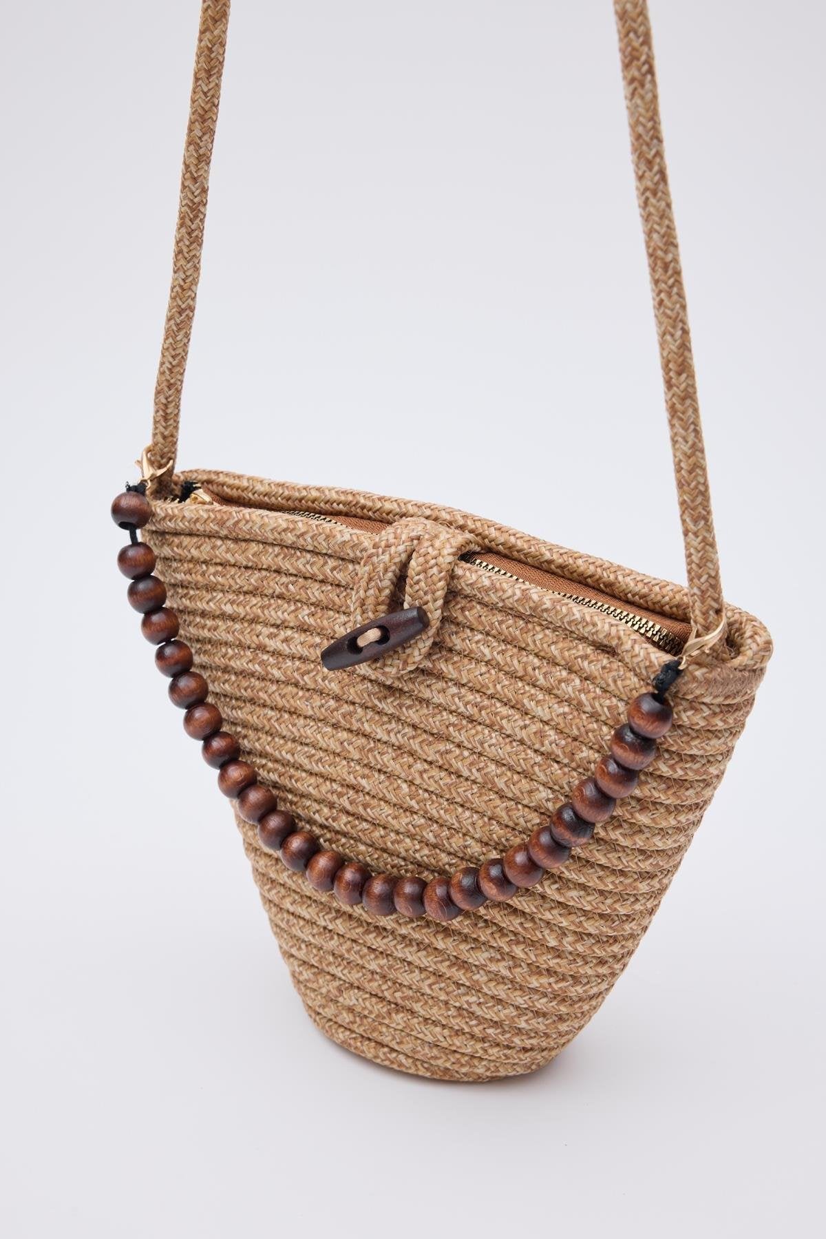 Düğmeli Hasır Çanta VİZON