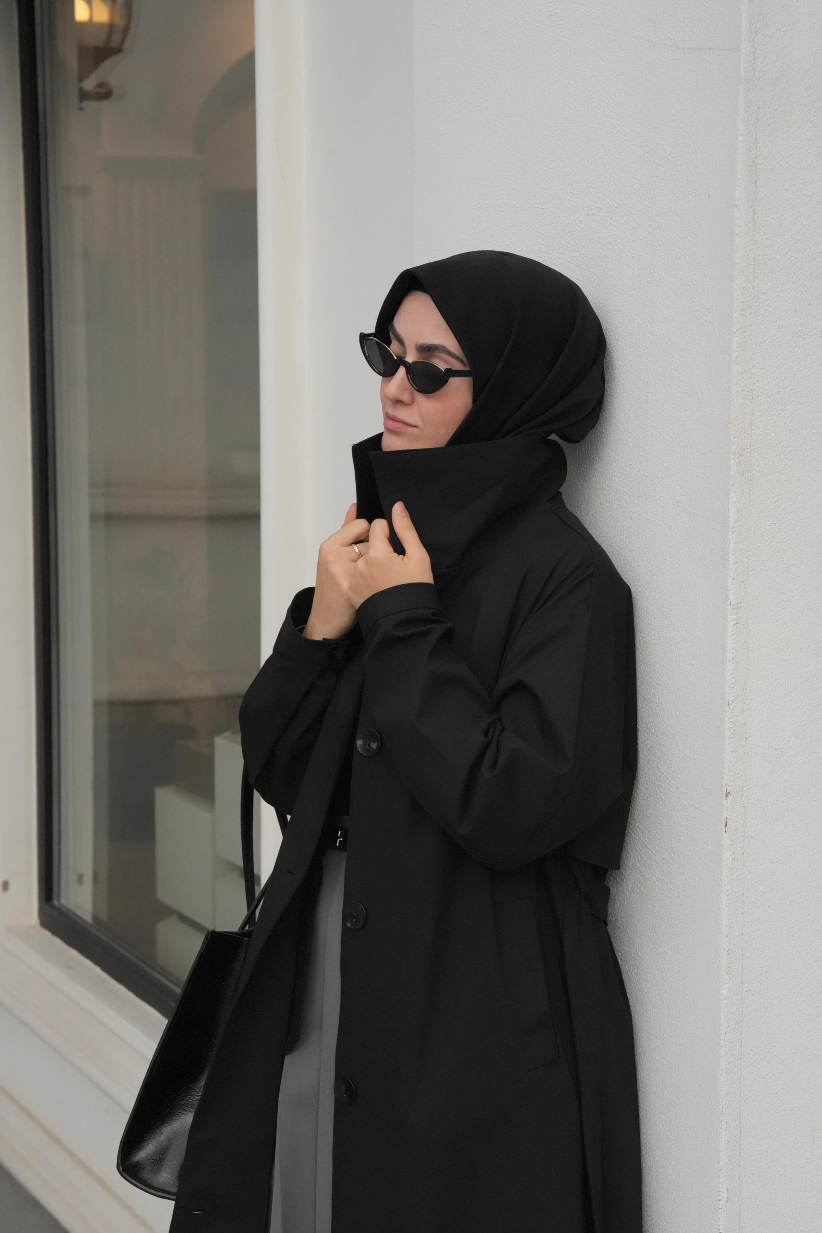 Düğmeli Tam Boy Trençkot SİYAH
