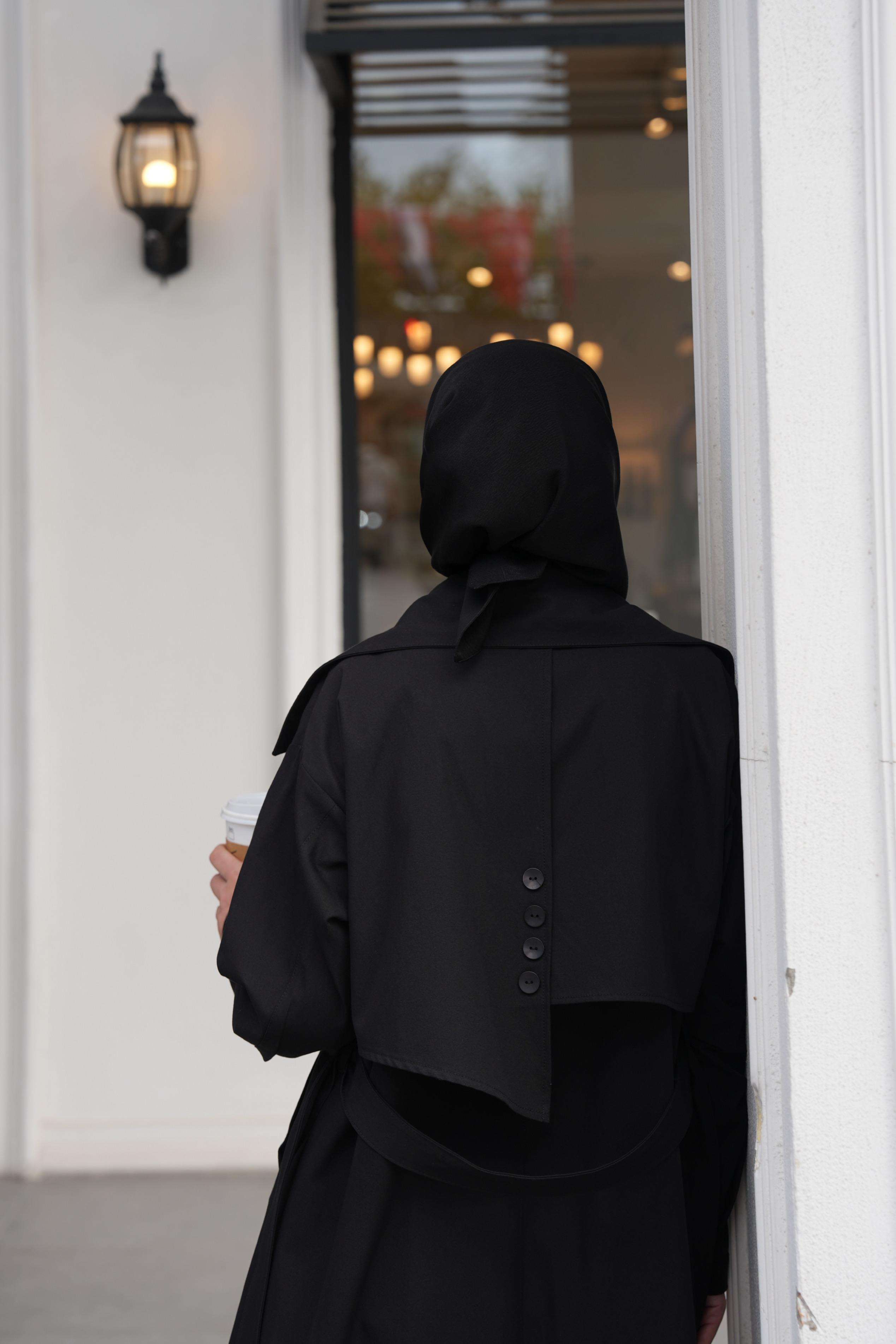 Düğmeli Tam Boy Trençkot Siyah