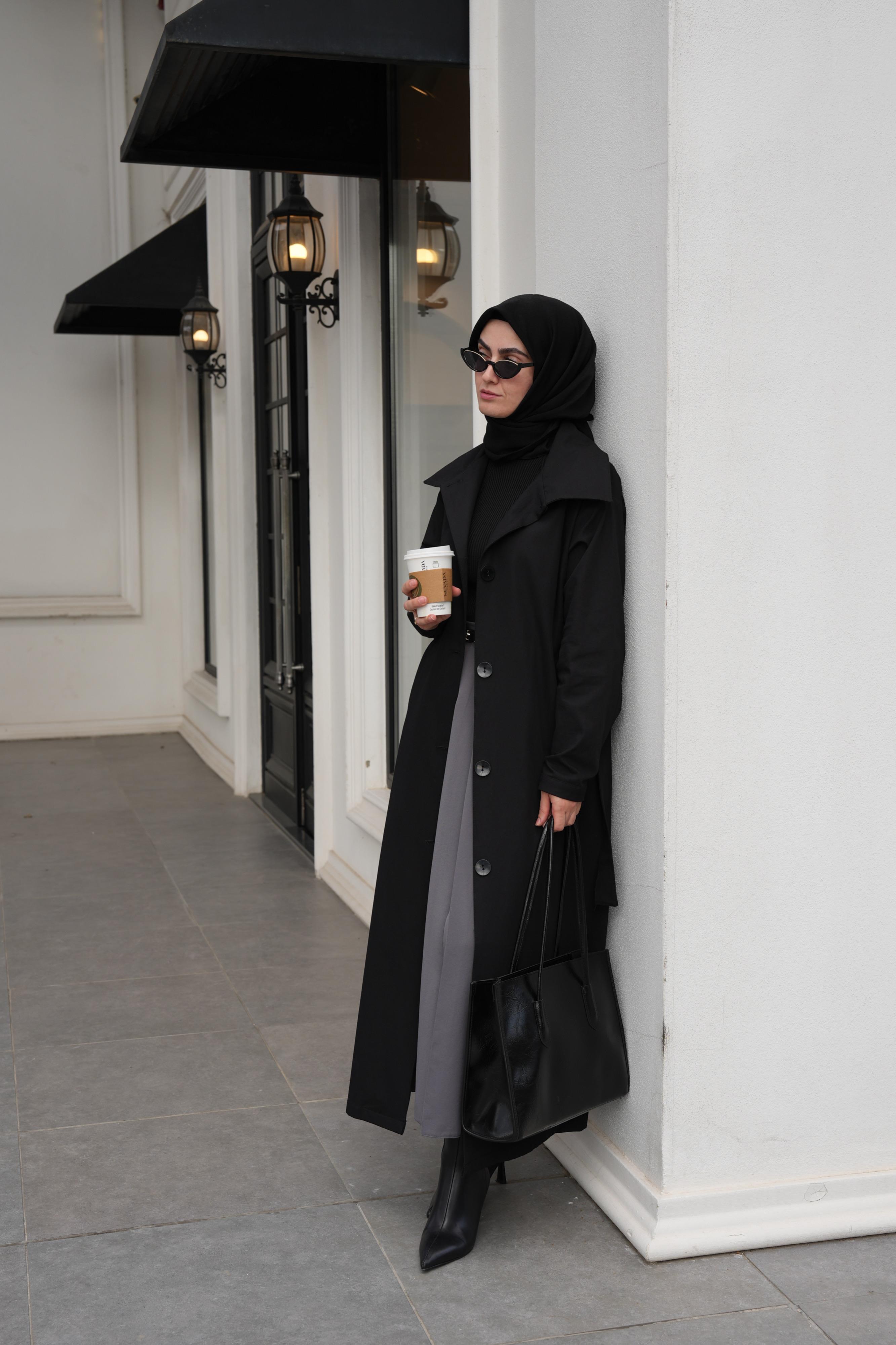 Düğmeli Tam Boy Trençkot Siyah