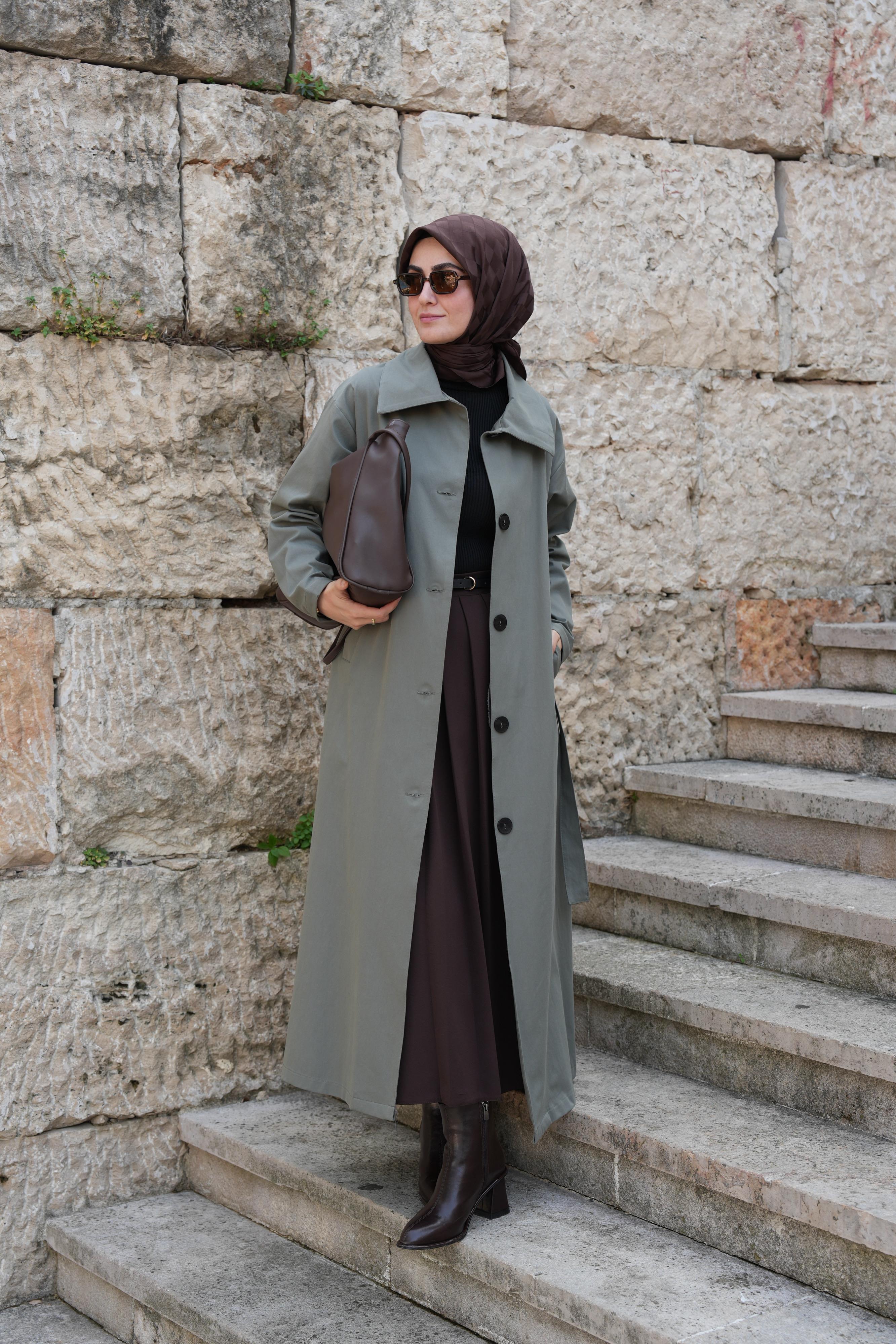 Düğmeli Tam Boy Trençkot Taş Yeşili