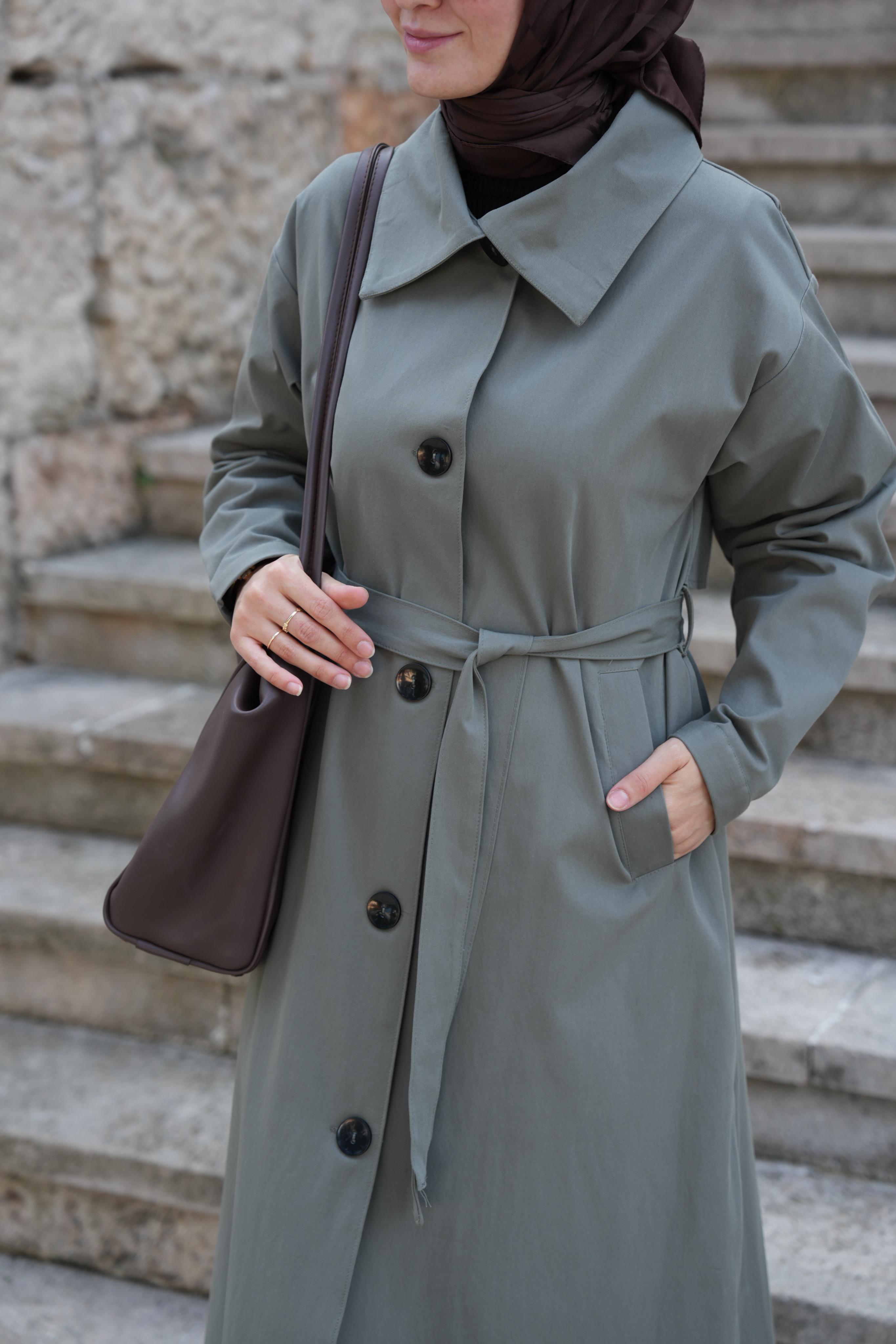 Düğmeli Tam Boy Trençkot Taş Yeşili