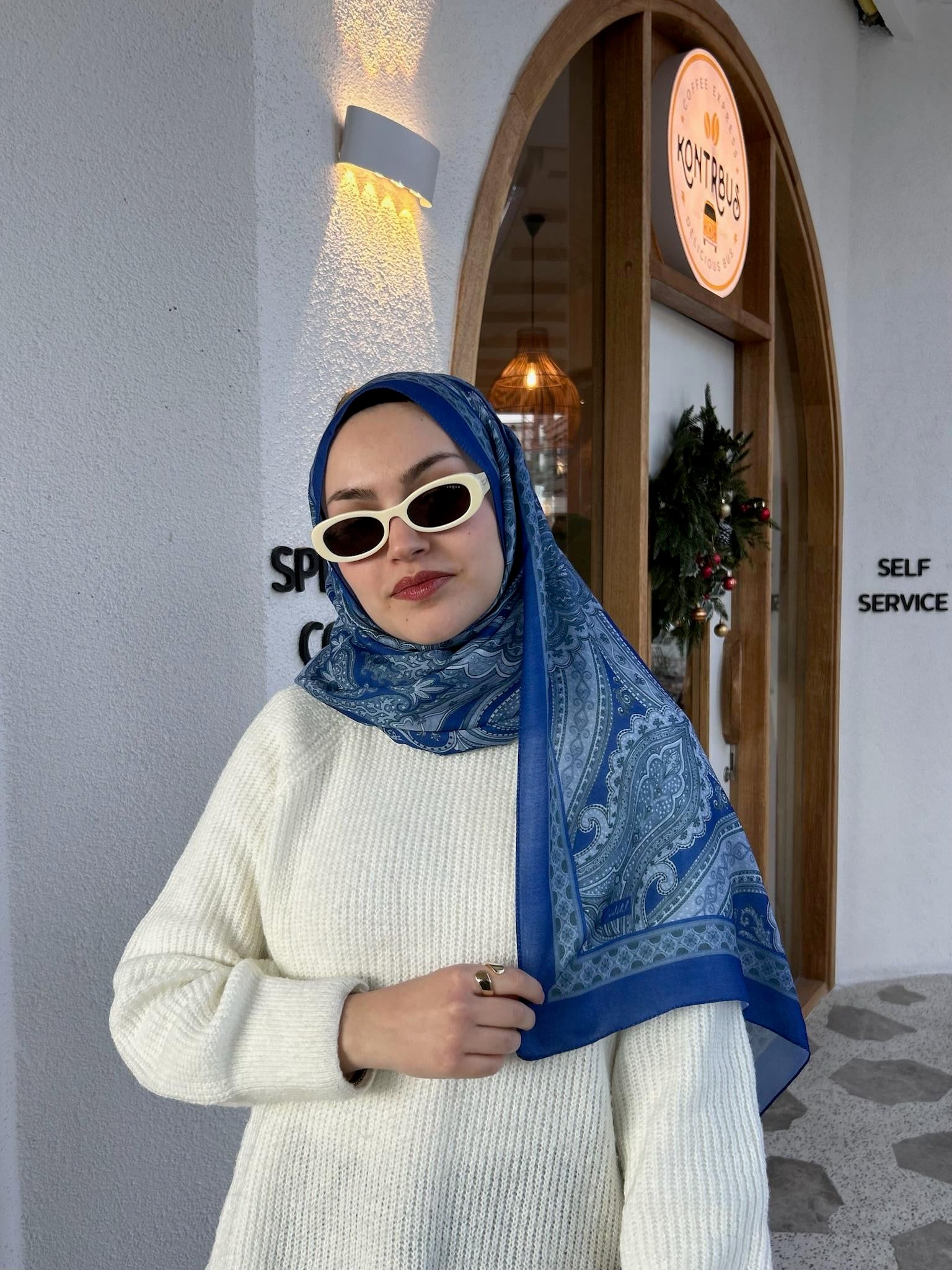 Etnik Desenli Şal Mavi