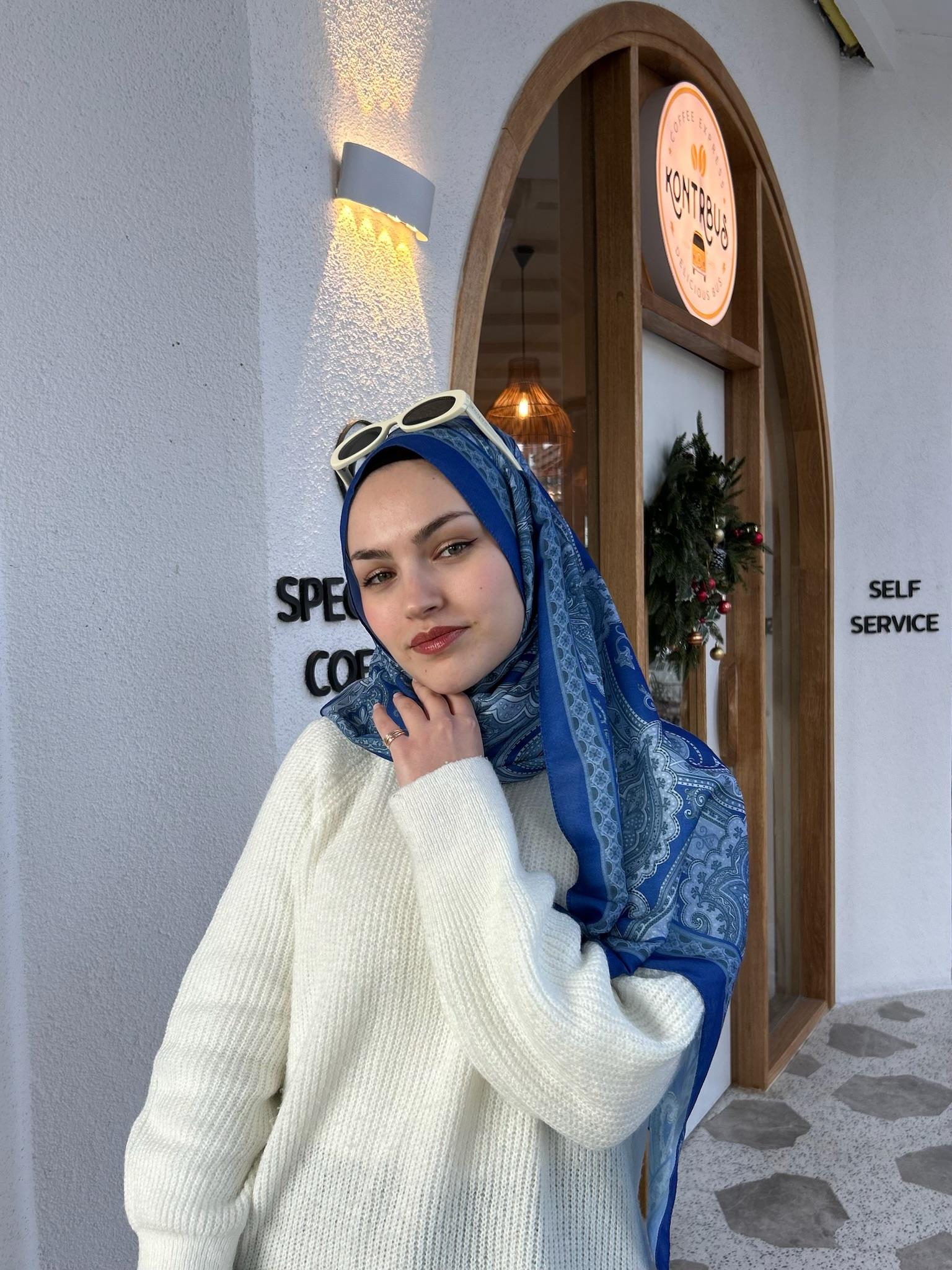 Etnik Desenli Şal Mavi