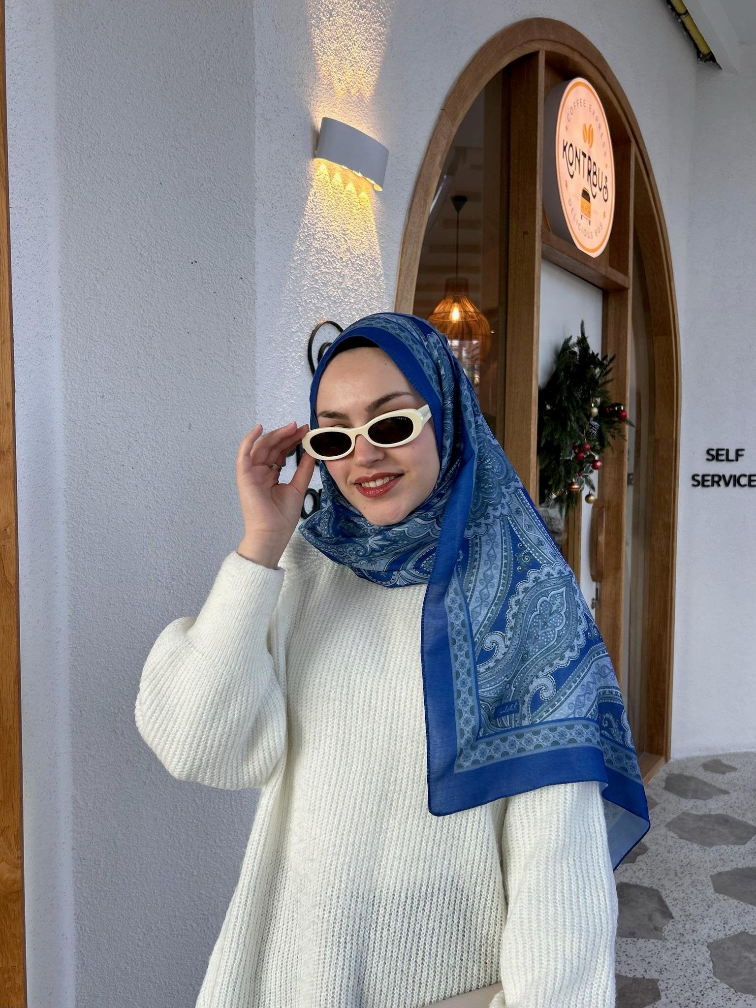 Etnik Desenli Şal Mavi