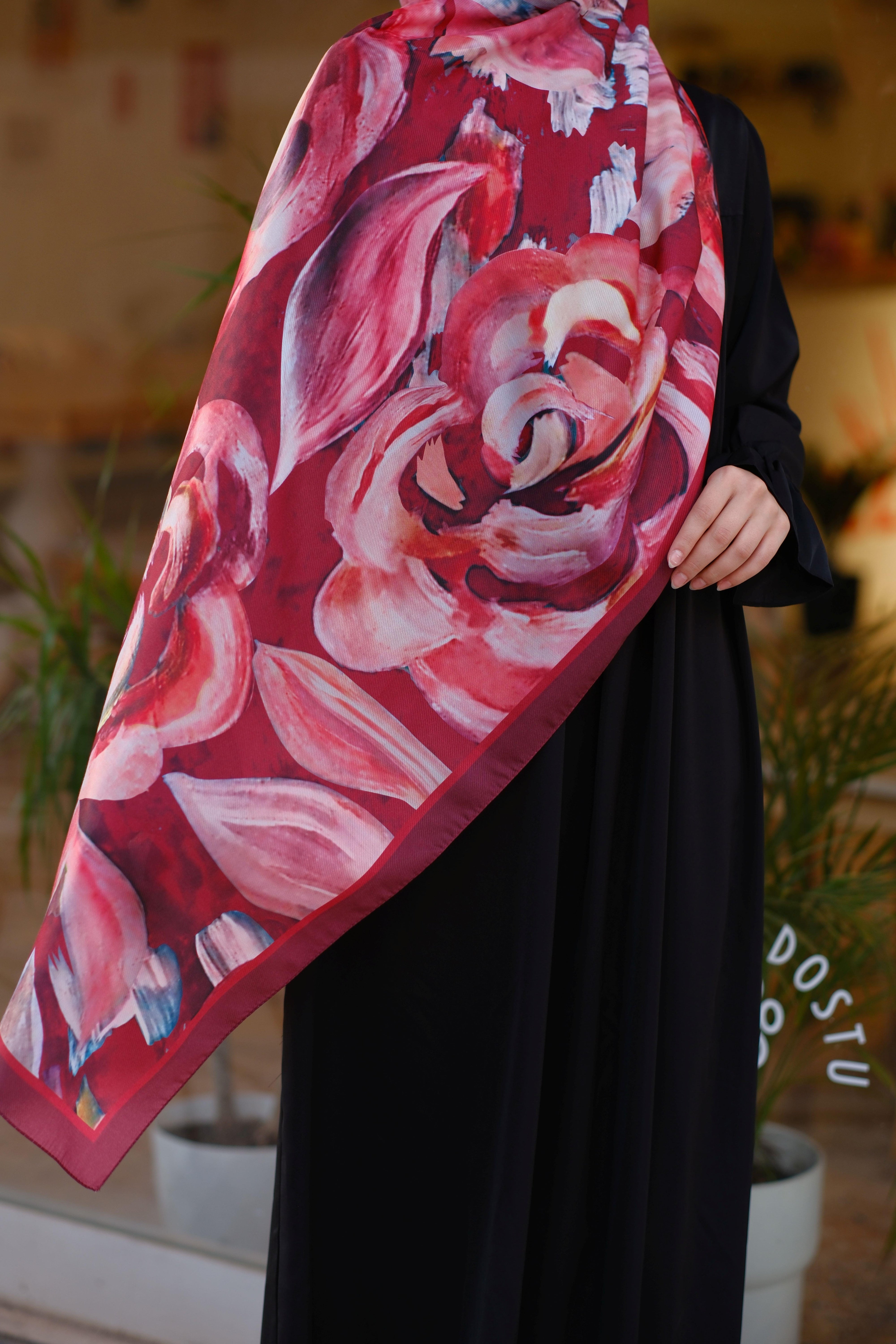 Gül Desenli Şal Bordo