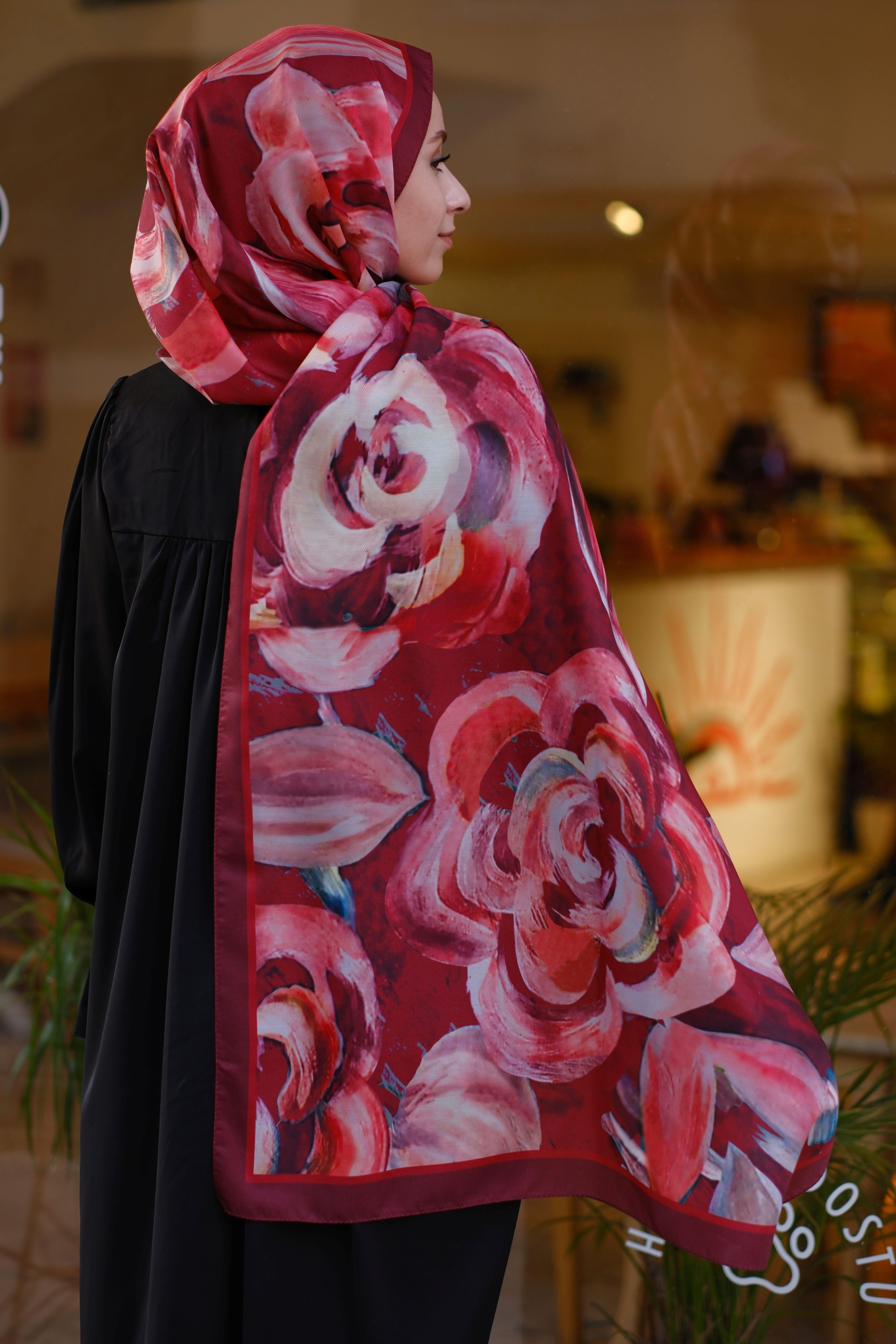 Gül Desenli Şal Bordo