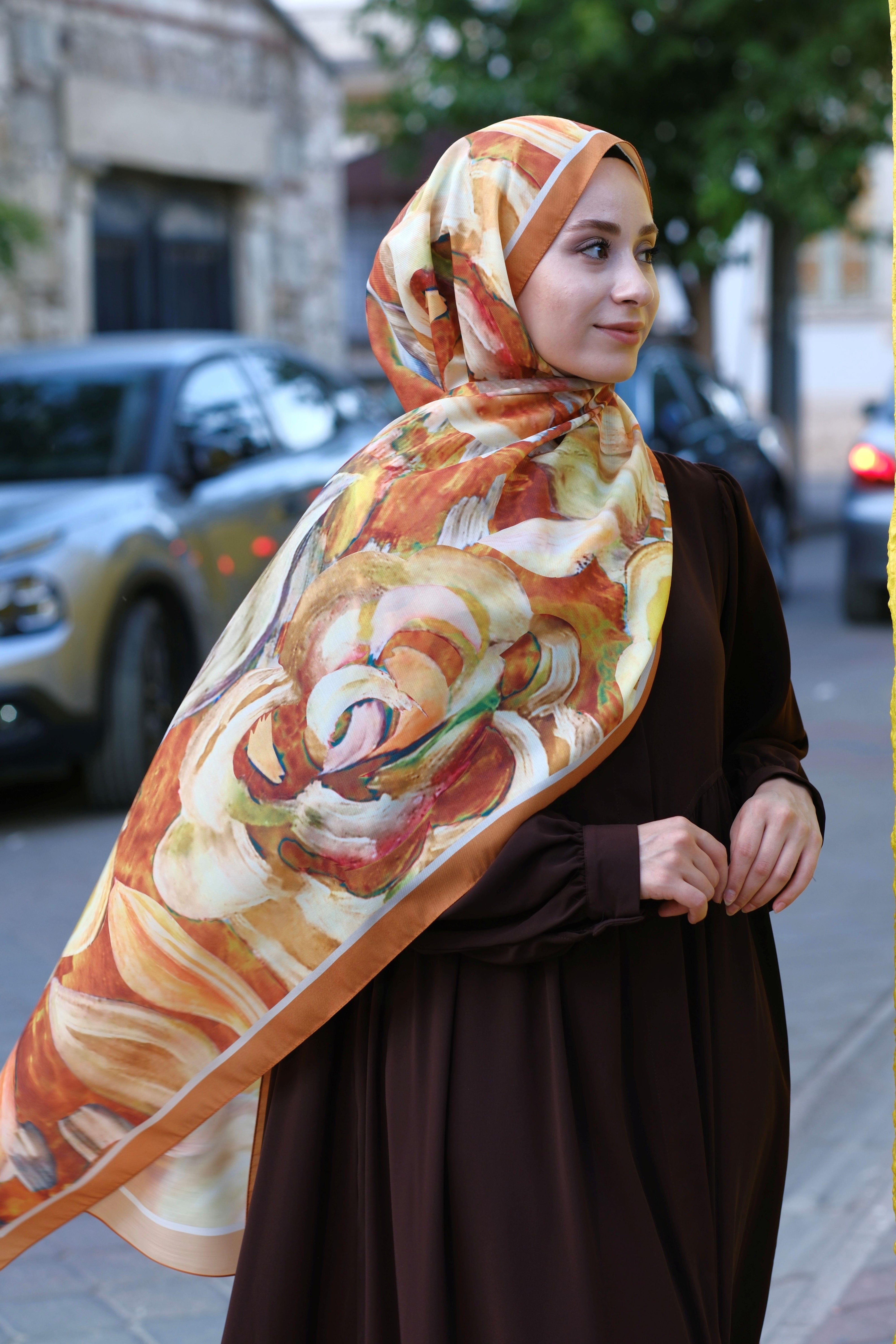 Gül Desenli Şal Hardal