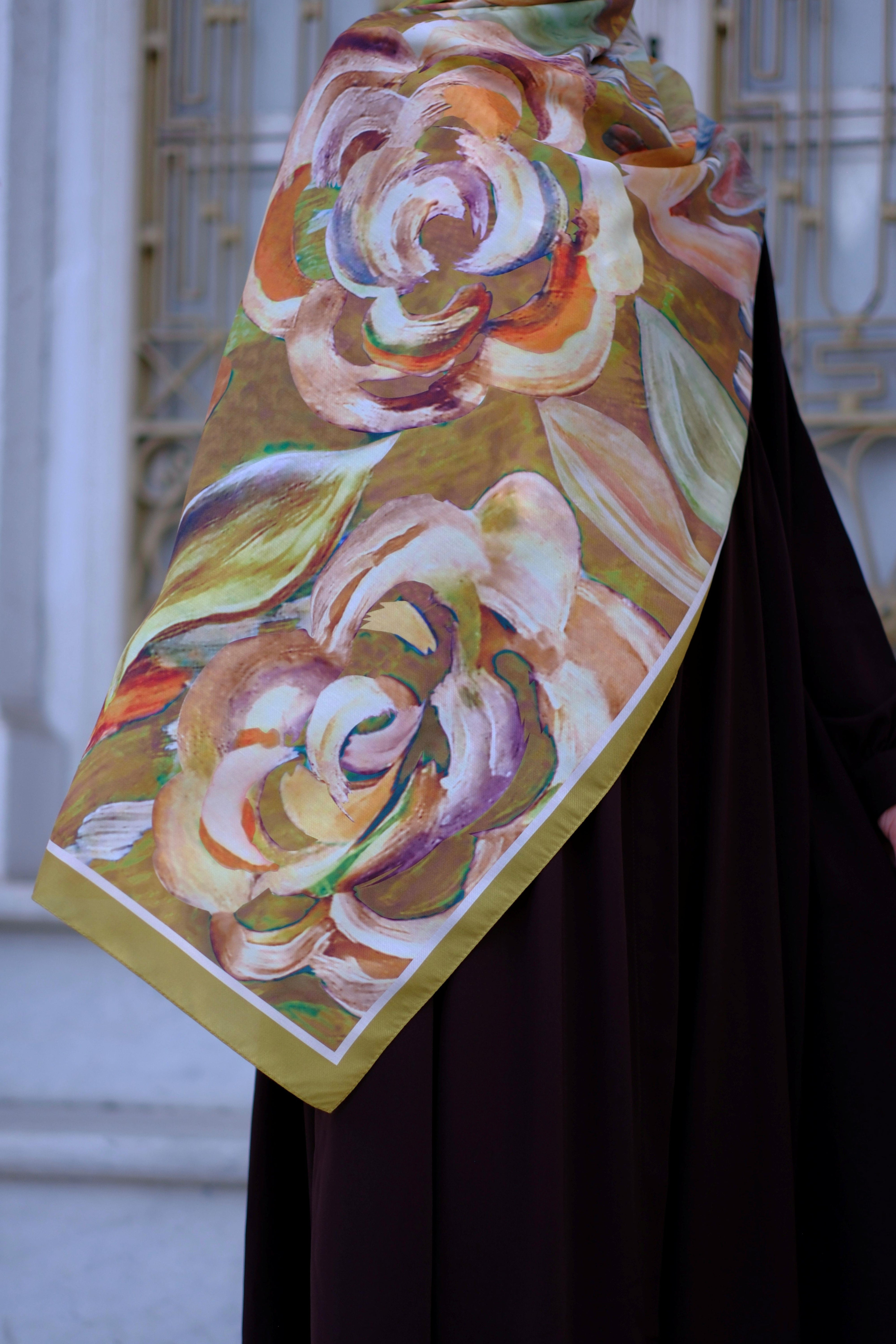 Gül Desenli Şal Yağ Yeşili