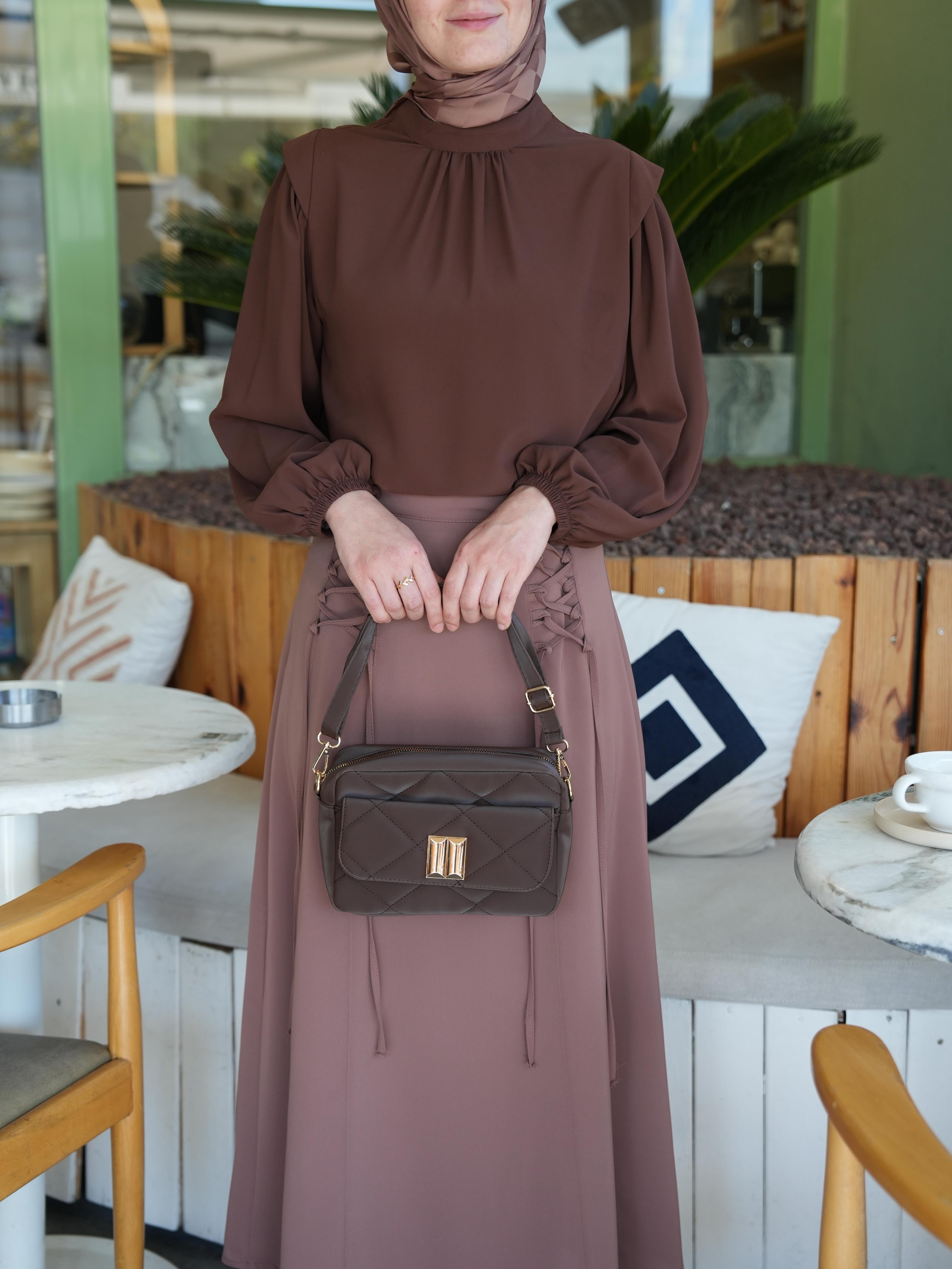 Kapitone Çapraz Çanta Kahverengi