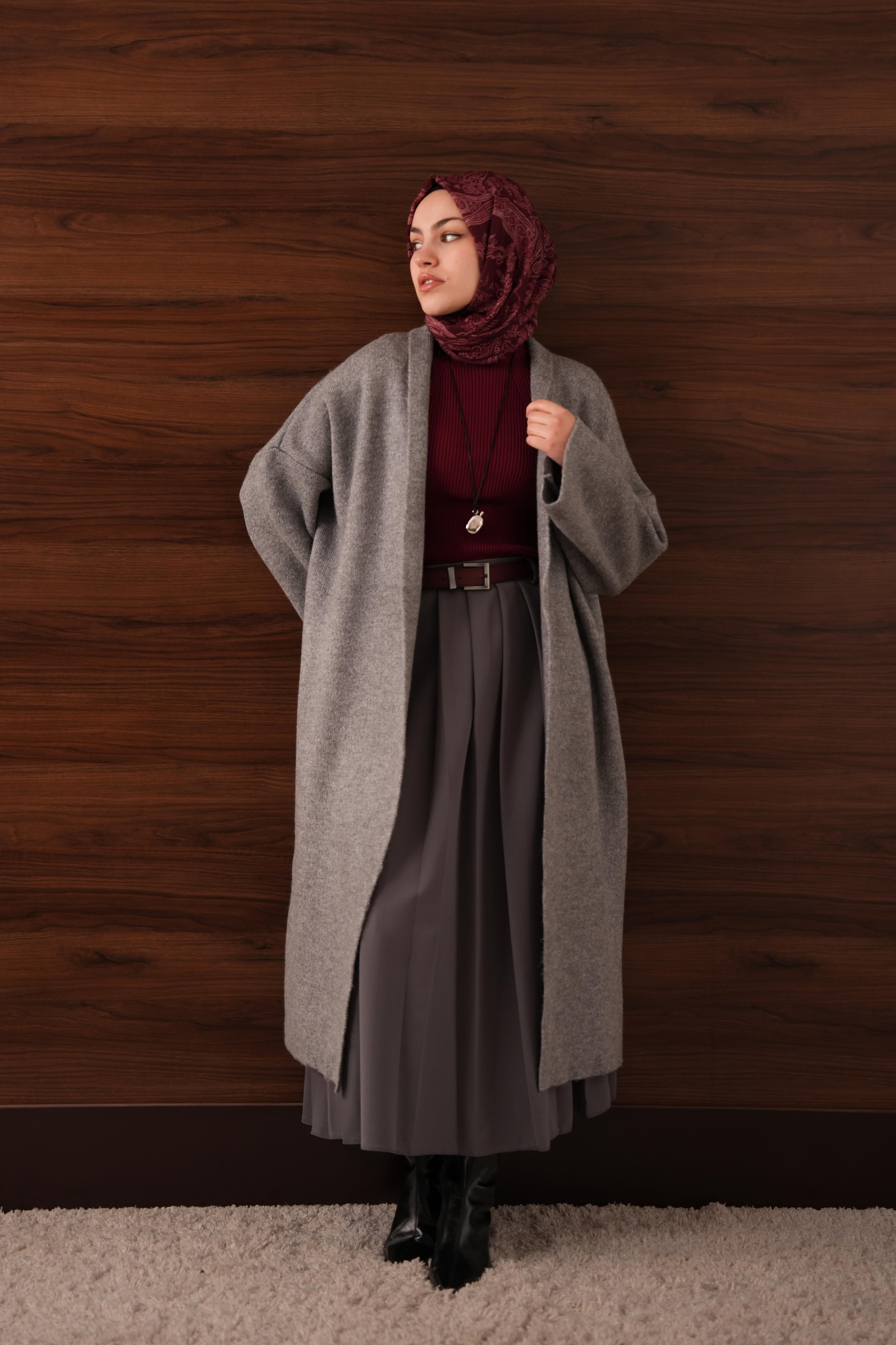 Kaşmir Dokulu Uzun Hırka GRİ