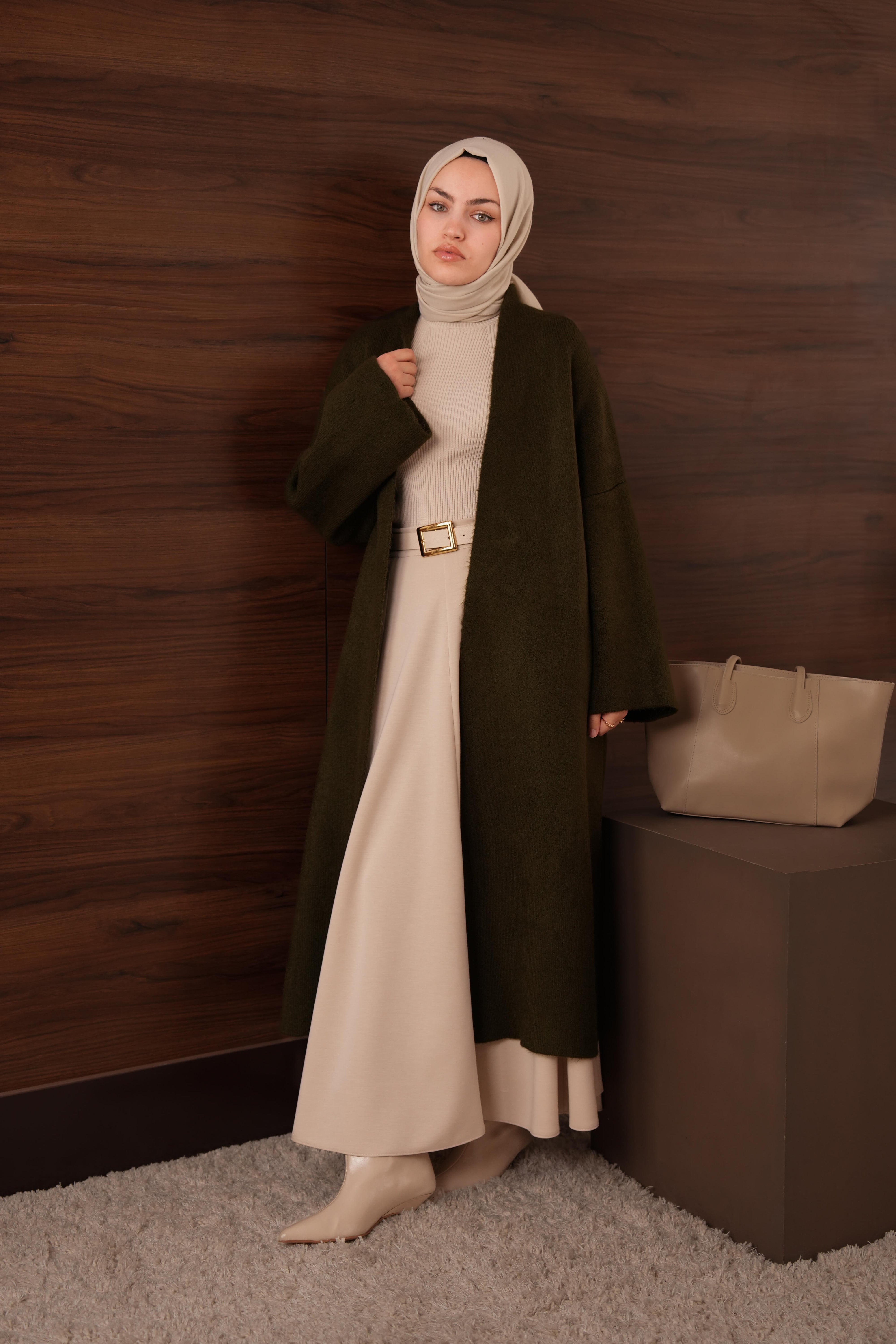 Kaşmir Dokulu Uzun Hırka HAKİ YEŞİL