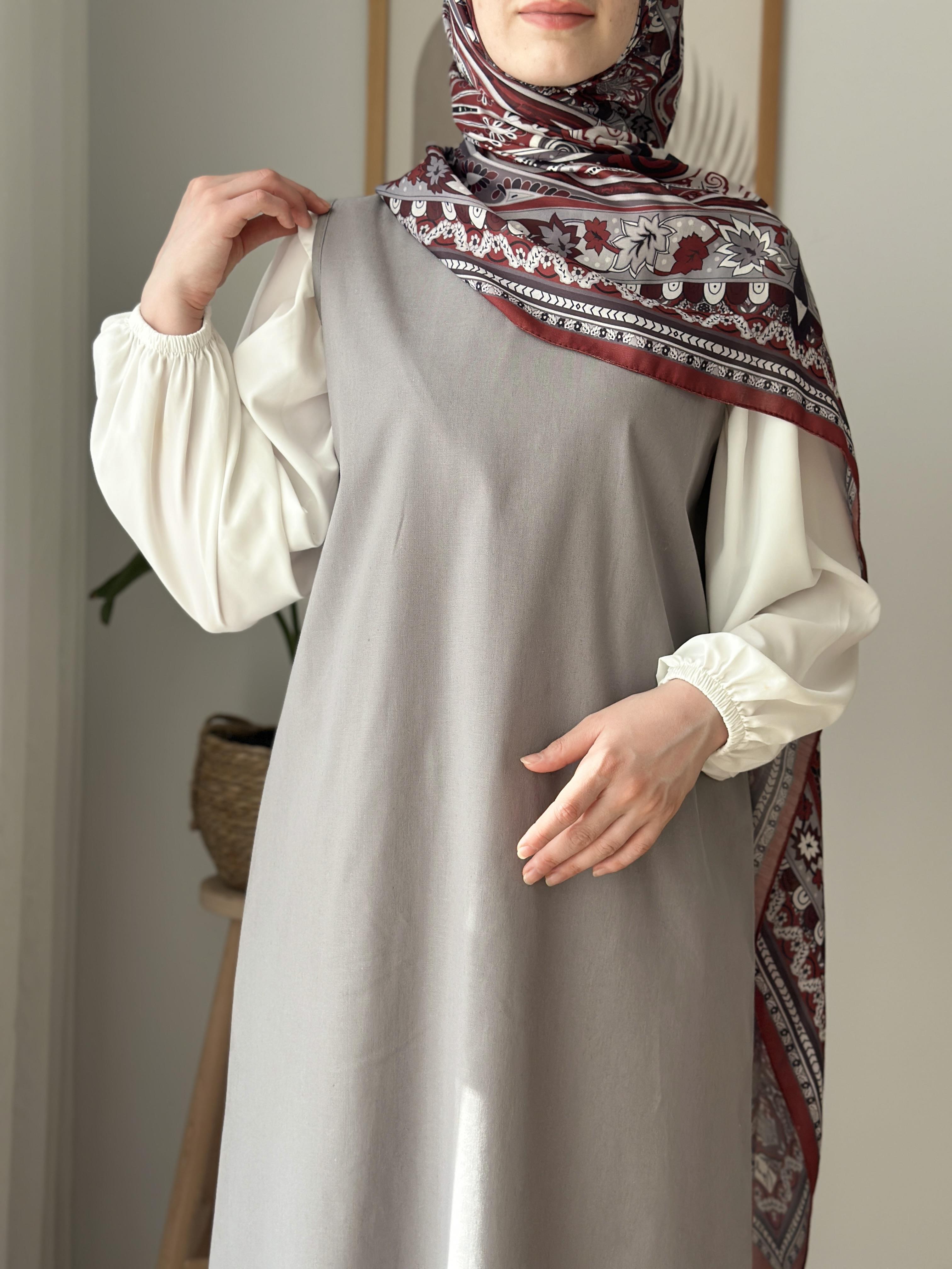 Pamuk Keten Kolsuz Elbise GRİ